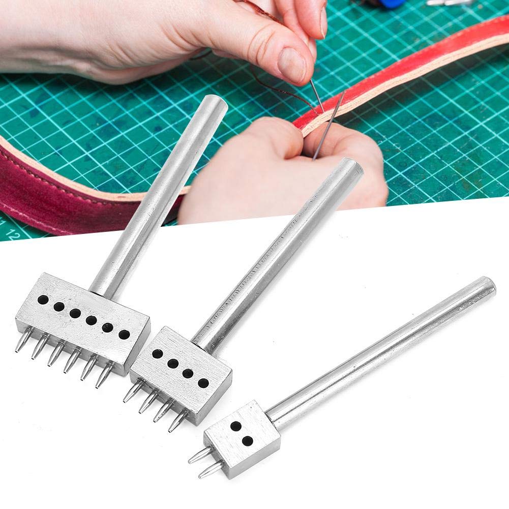 Professional Leather Stitching Tool Set - 3pcs Adjustable Spacing Hole Punch with Multiple Prong Heads (6mm) for DIY Leather Craft, Lacing & Repair | Perfect for Belts, Wallets, Bags & Leatherworking Projects