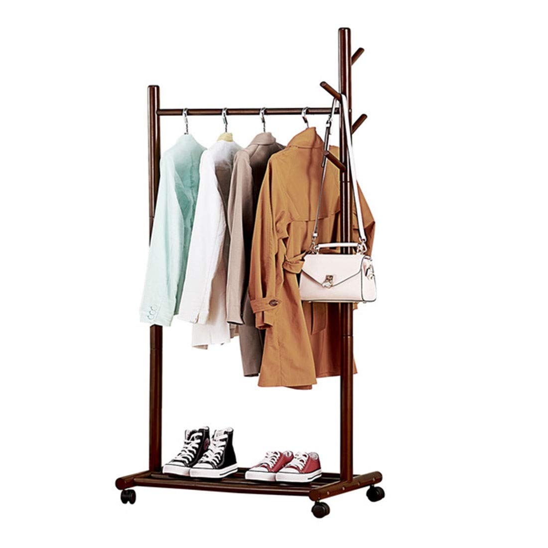 4-Hook Solid Wood Free Standing Coat Rack with Wheels - 3-in-1 Clothes Hanger, Shoe Storage Bench & Hat Rail - Brown Entryway Organizer for Hallway, Bedroom or Mudroom