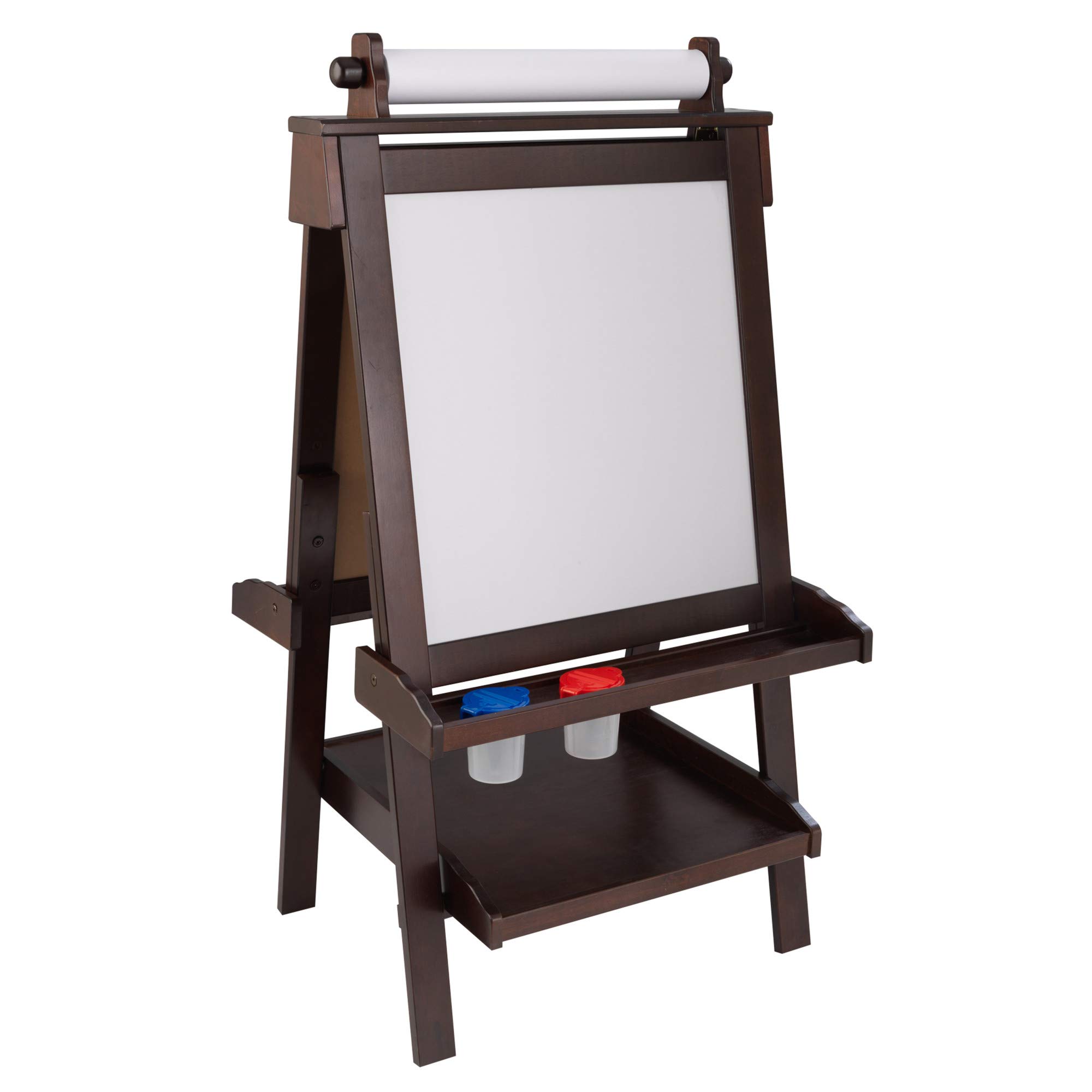 KidKraft Deluxe Wooden Art Easel for Kids - Double-Sided Chalkboard & Dry Erase Board with Paper Roll & Paint Cups - Espresso Wooden Standing Easel for Toddlers Ages 3+ - Perfect for Home, Classroom & Art Studio