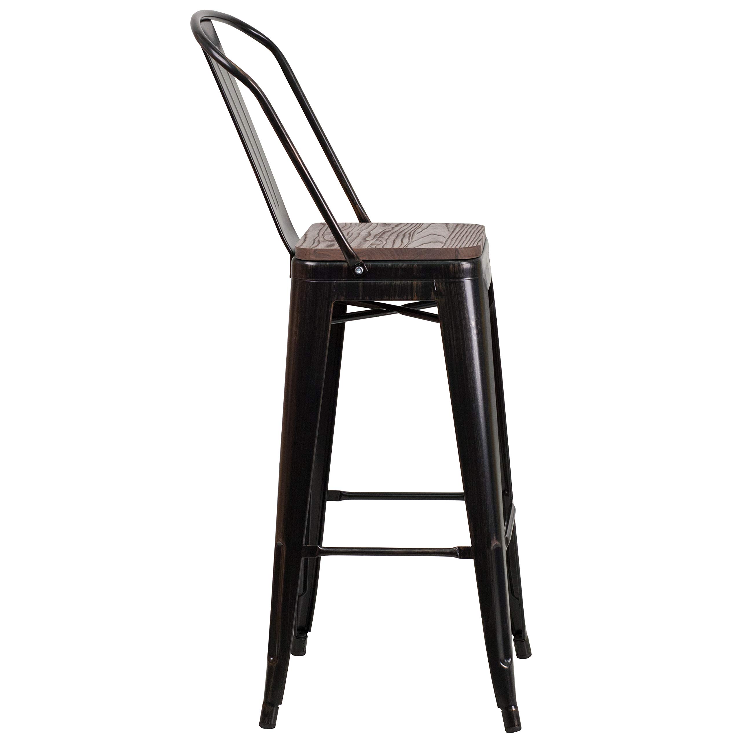 EMMA + OLIVER 30 Inch Black and Antique Gold Metal Bar Stool with Backrest and Wooden Seat - Perfect for Kitchen Islands, Home Bars, and Dining Counter Height Tables