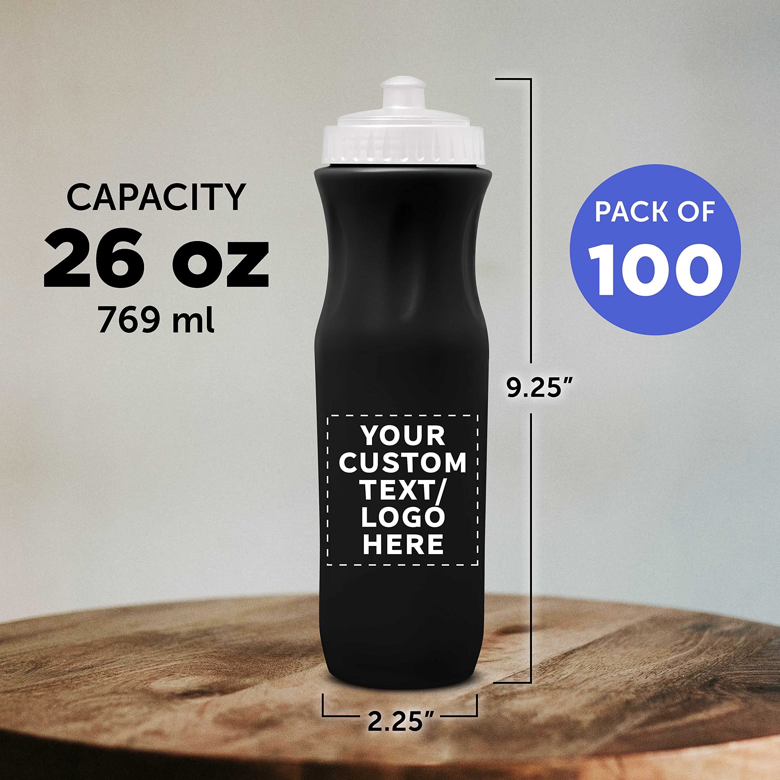 100 Pack 26oz Plastic Water Bottles with Black Push Top Lid - Customizable Text & Logo - Bulk Water Bottles for Schools, Gyms, Offices & Events - BPA Free Reusable Drinkware