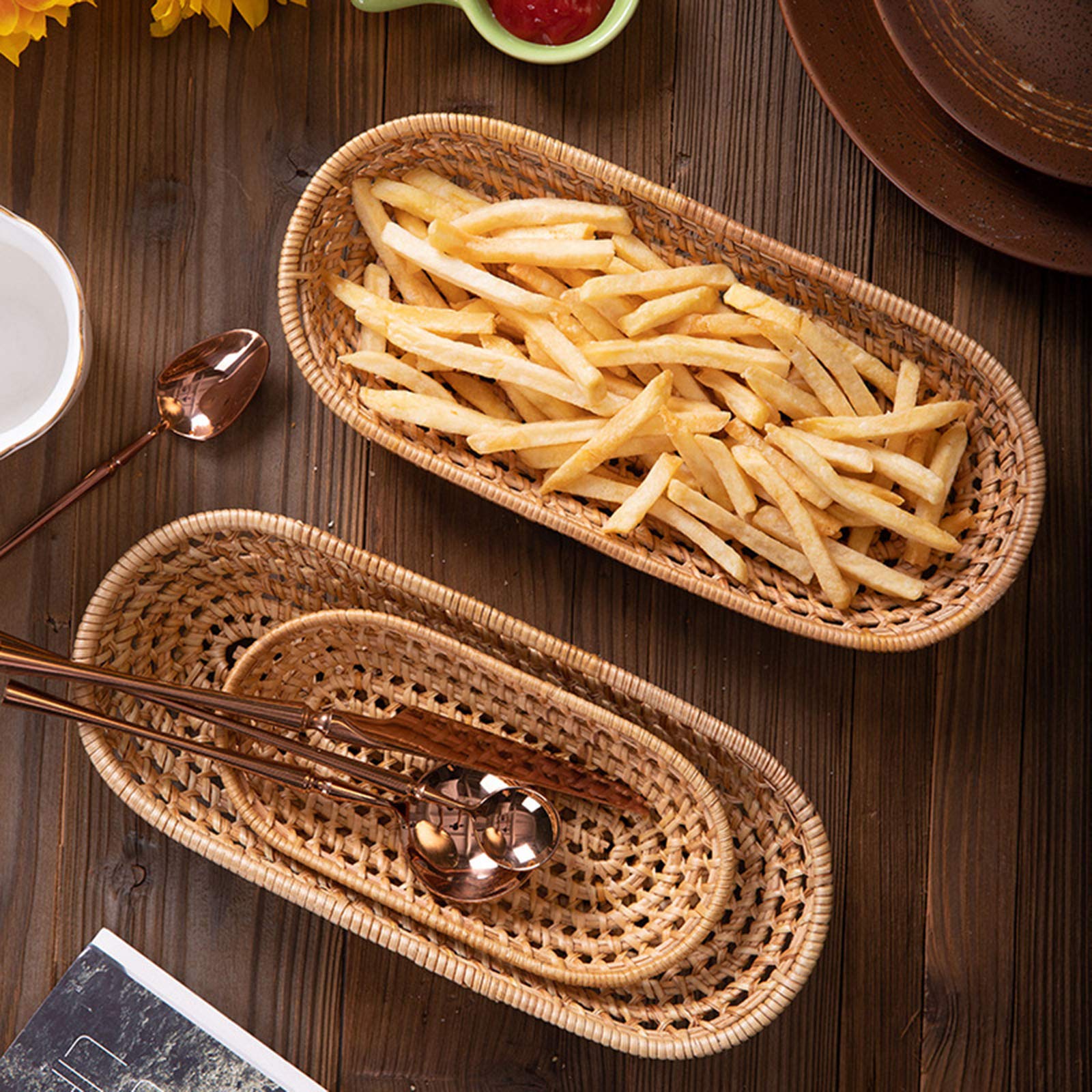 Hand Woven Rattan Serving Basket - Large Woven Tabletop Tray for Food, Fruits & Vegetables - Natural Storage Basket with Key Holder - Perfect for Kitchen, Dining Table & Farmhouse Decor