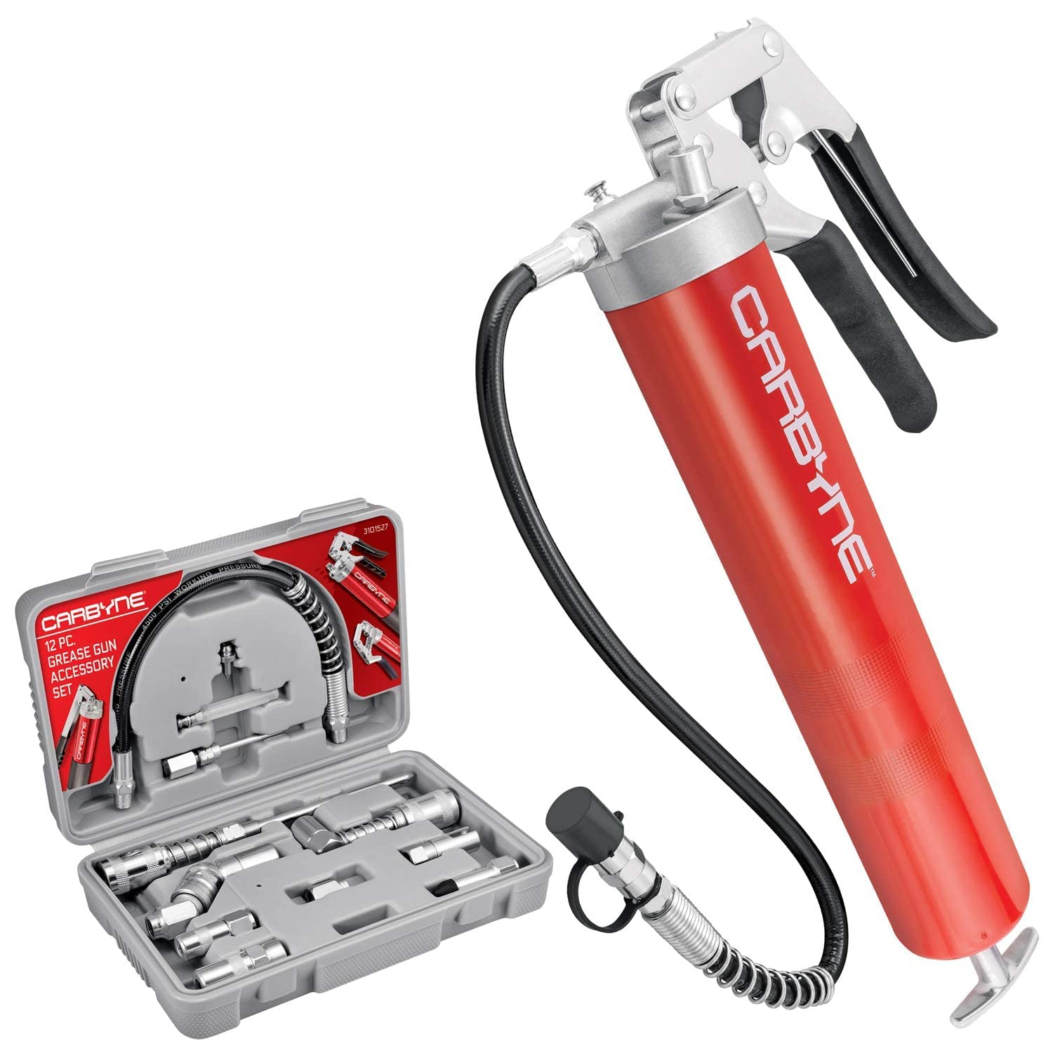 Premium Carbyne Pistol Grip Grease Gun with 12-Piece Accessory Kit - Heavy Duty Automotive & Industrial Lubrication Tool for Cars, Trucks, Farm Equipment & Machinery Maintenance