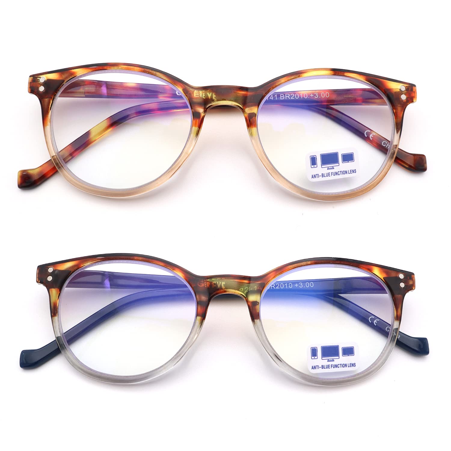 Blue Light Blocking Reading Glasses for Men & Women - 2 Pack Round Fashion Frames with Spring Hinge +2.0 Magnification - Perfect for Computer Work, Reading & Screen Time Protection