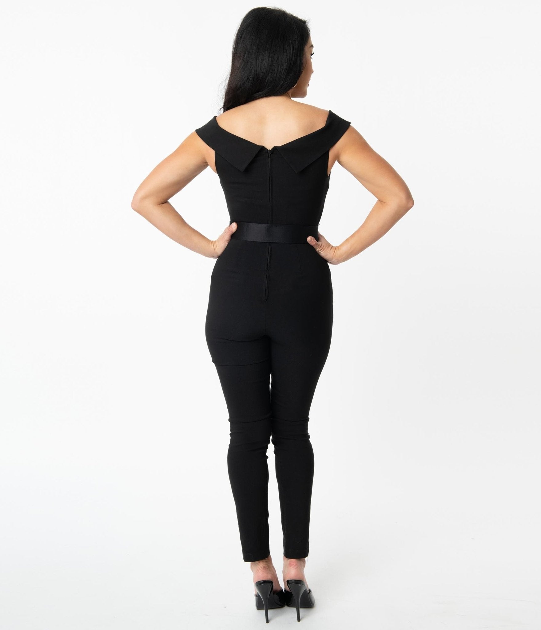 Vintage Black Off Shoulder Gillian Jumpsuit for Women - Elegant Retro Romper for Date Night & Special Occasions