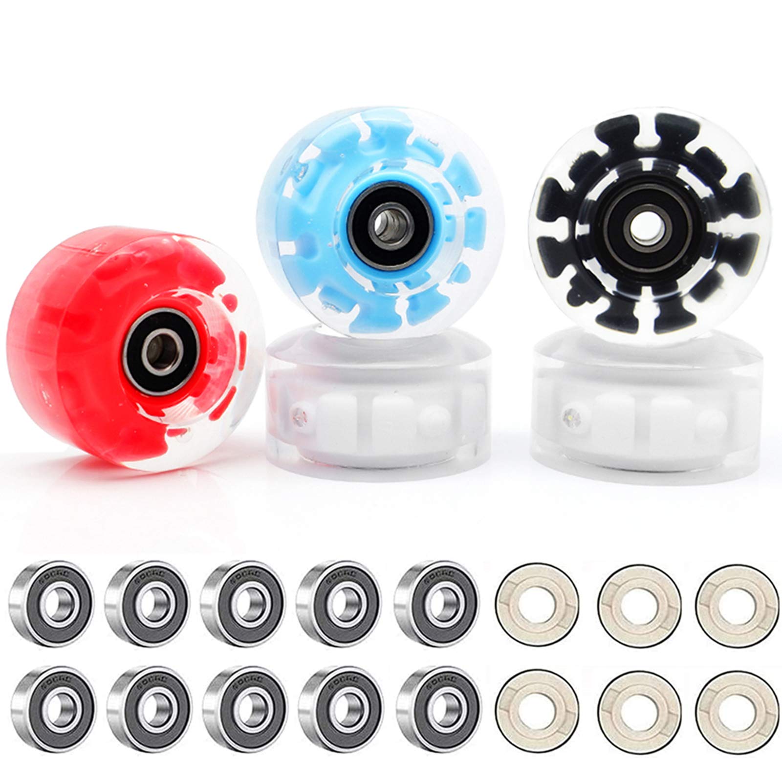 VAKA Luminous LED Light Up Quad Roller Skate Wheels 32mm x 58mm - 4 Pack with Premium BankRoll Bearings - Glow in The Dark for Night Skating, Rink Parties & Outdoor Roller Disco Fun