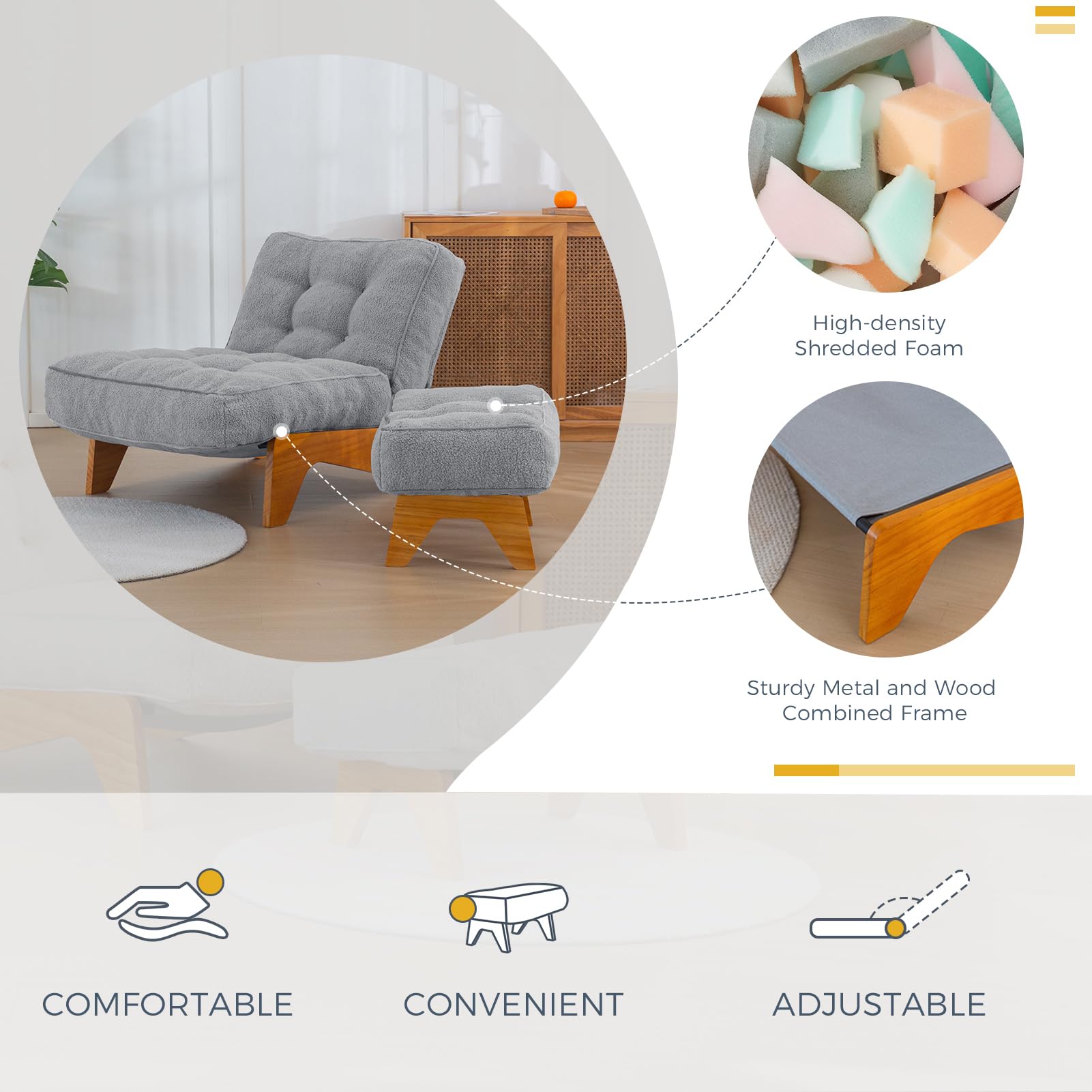 MAXYOYO Adjustable Reclining Lounge Chair with Ottoman - Thick Cushion Accent Chair & Footrest Set for Living Room, Dark Grey - Perfect for Relaxing, Reading & TV Watching