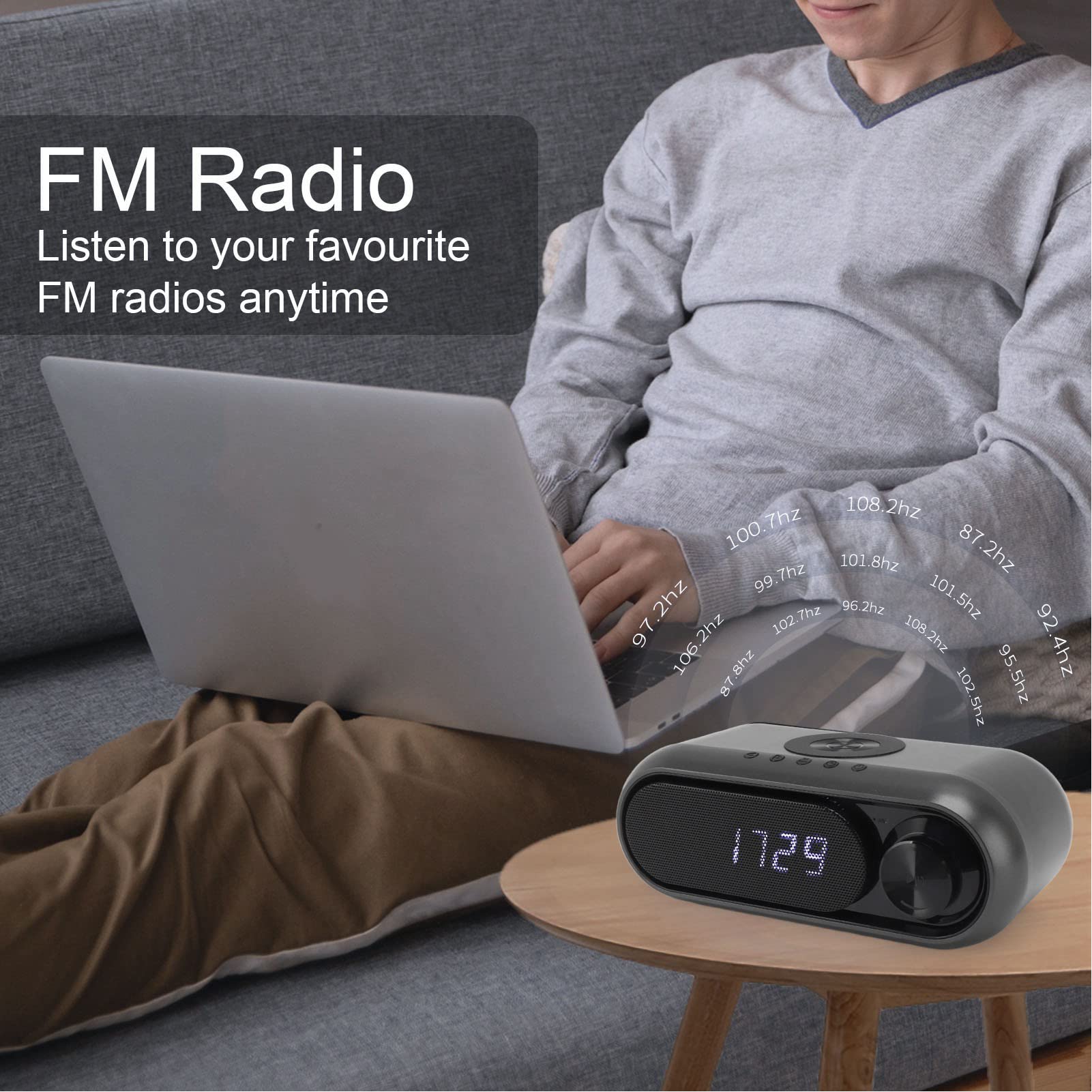 Wireless Charging Digital Alarm Clock with Bluetooth Speaker, FM Radio & LED Display - Modern Bedside Clock for Bedroom, Office, Nightstand (Iron Gray, 10W) - Perfect for Home, Travel & Gifts