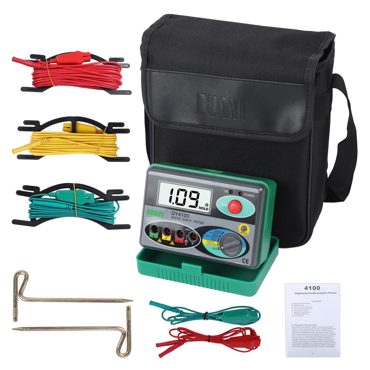 DUOYI Digital Earth Ground Resistance Tester 0-2000 Ohm Meter - AC Ground Voltage Tester with Quick Response & Overload Protection - Includes Tool Bag - Perfect for Electricians, Solar Panel Installations & Industrial Safety Testing