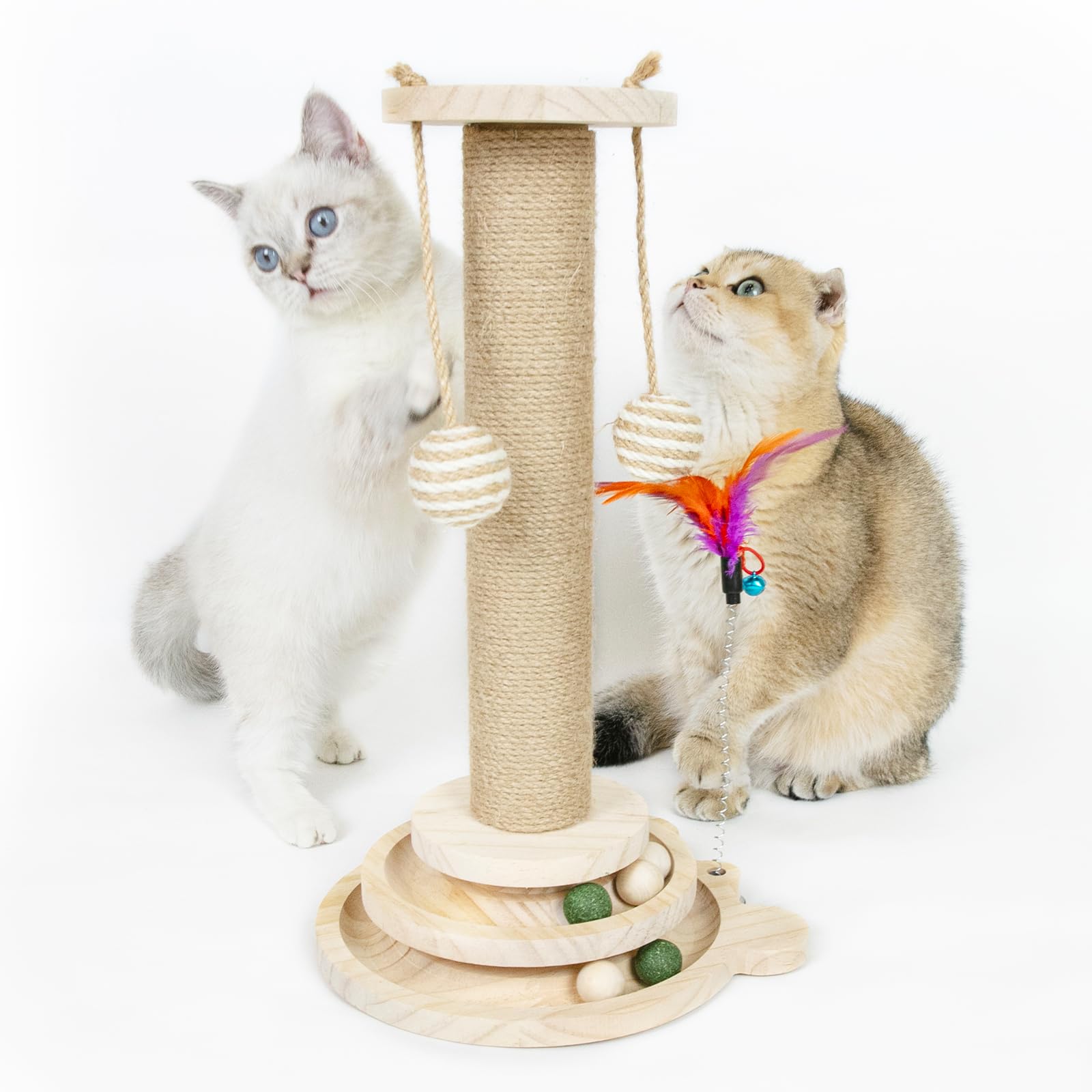 Premium Cat Scratching Post with Solid Wooden Base & Interactive Track Ball Toys - 45cm Tall Kitten Scratcher for Indoor Cats - Perfect for Playtime, Exercise & Furniture Protection