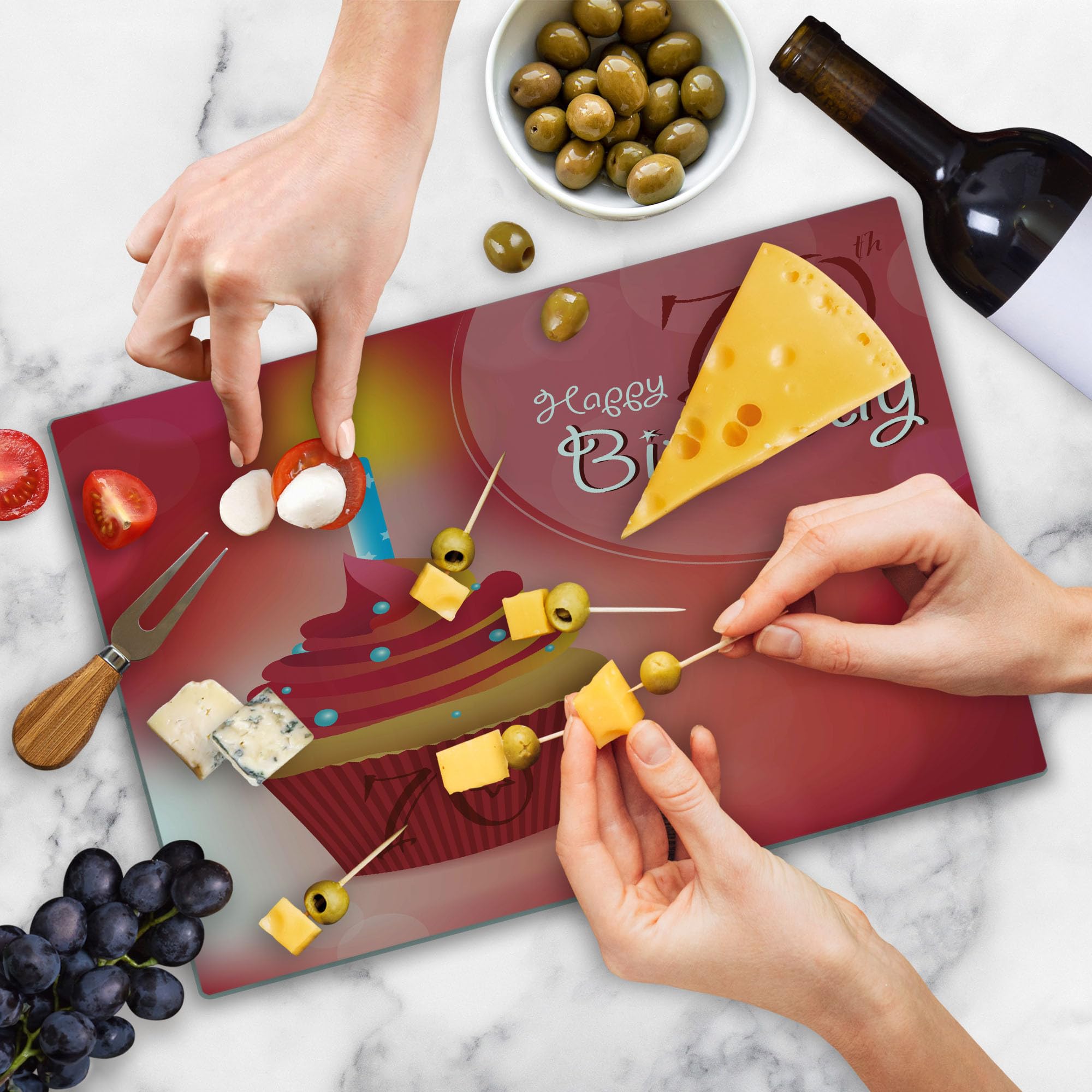 Ambesonne 70th Birthday Cutting Board - Abstract Sun Beams Design with Party Cupcake - Tempered Glass Serving Tray for Cheese, Charcuterie & Appetizers - Large Decorative Board in Red & Orange - Perfect for Birthday Parties & Kitchen Decor