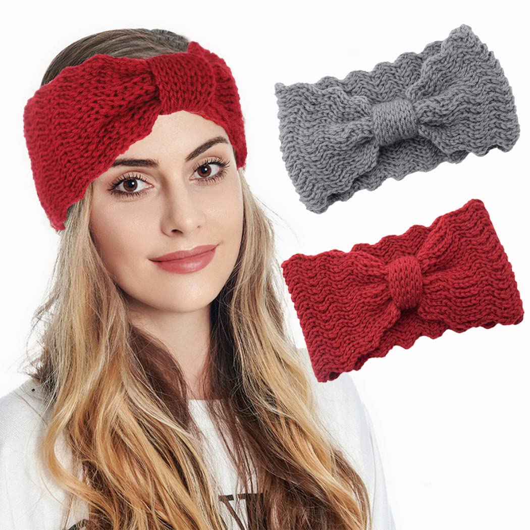 Winter Knit Headbands with Bow Knot - Ear Warmer Turban Hair Accessories for Women & Girls (Pack of 2) - Perfect for Skiing, Running, Shopping & Cold Weather Fashion