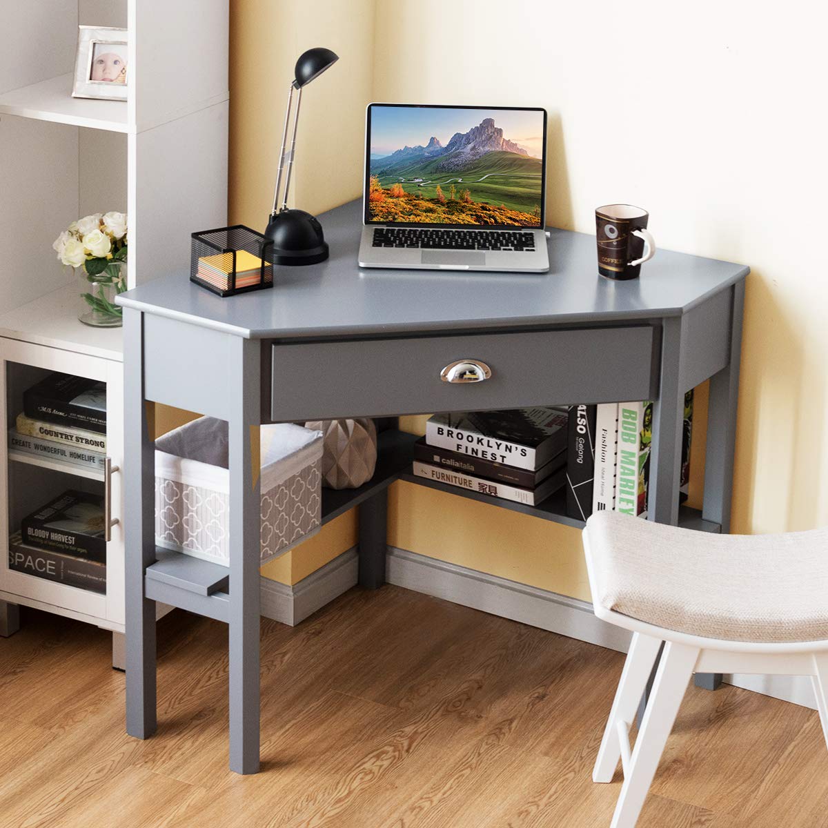 Tangkula Grey Corner Computer Desk with Drawer & Storage Shelves - 90° Triangle Small Space Desk for Home Office, Gaming & Makeup Vanity | Compact Workstation Solution for Apartments & Dorm Rooms