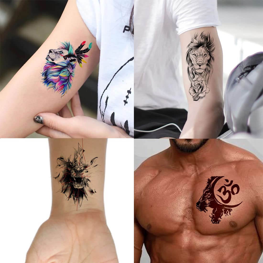Lion Tribal Om Temporary Tattoos for Men & Women - Pack of 4 Waterproof Fake Tattoo Stickers (2x4 Inch) - Perfect for Parties, Festivals & Body Art