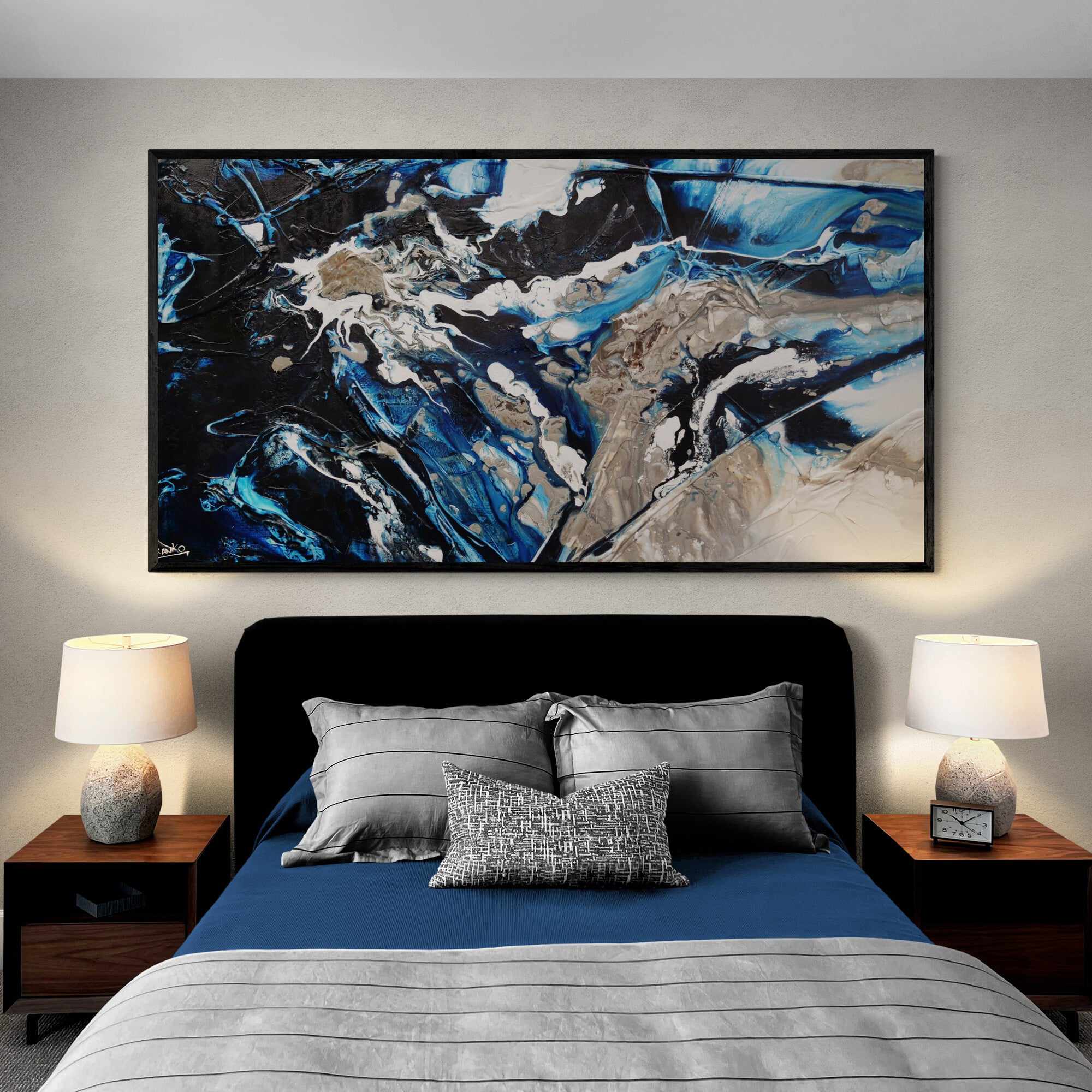 Midnight Flow 190cm x 100cm Black Blue Grey Textured Abstract Canvas Art - Modern Wall Decor for Living Room, Bedroom & Office