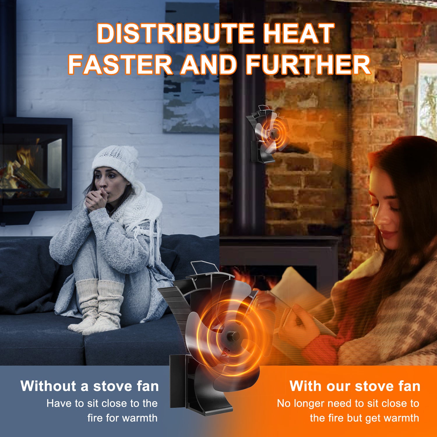 VODA 3-in-1 Wood Stove Fan with 4 Blades - Heat Powered Magnetic Fan for Fireplace, Camping & Home Heating - Eco-Friendly & Silent Operation