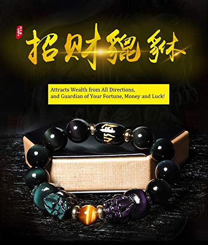 Feng Shui Obsidian Bracelet with Double Pixiu - Rainbow Obsidian & Tiger Eye Stone Money Luck Talisman, Stretch Bangle with Six Word Mantra Carving - Perfect for Wealth Attraction, Spiritual Protection & Daily Wear