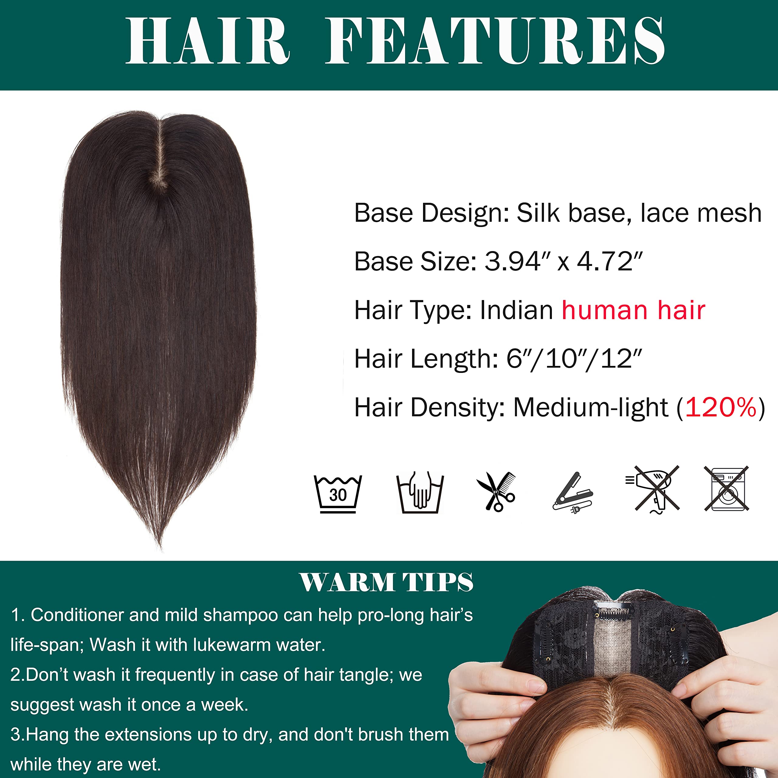 S-noilite 130% Density Human Hair Toppers for Women - Handmade Silk Base Clip-in Hairpiece for Thinning Hair & Hair Loss - 12 Inch 40g Dark Brown (#2) - Covers Gray Hair - Perfect for Daily Wear, Special Occasions & Confidence Boost