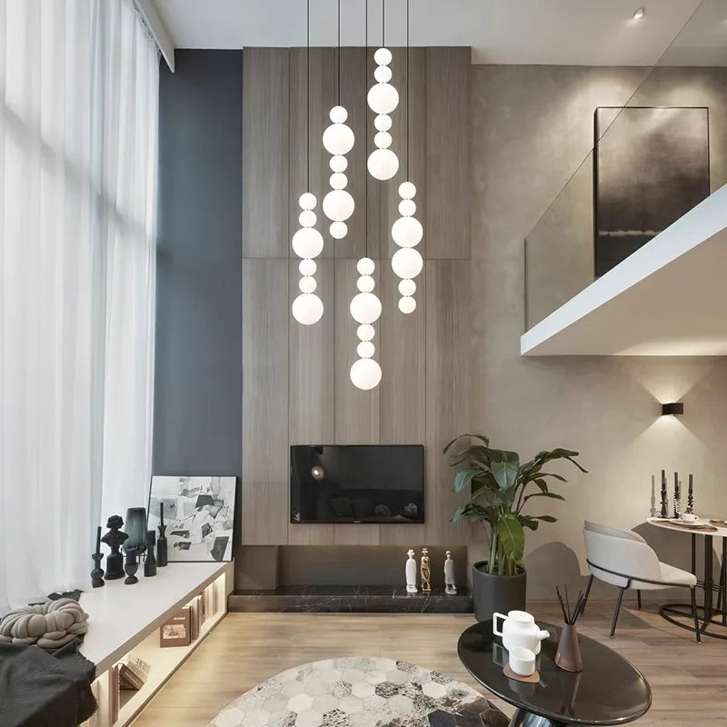 White Multi Globe Pendant Light Fixture - Modern Chandelier for Staircase, High Ceiling, Dining Room & Living Room Decor - Dimmable LED Lighting for Home & Office