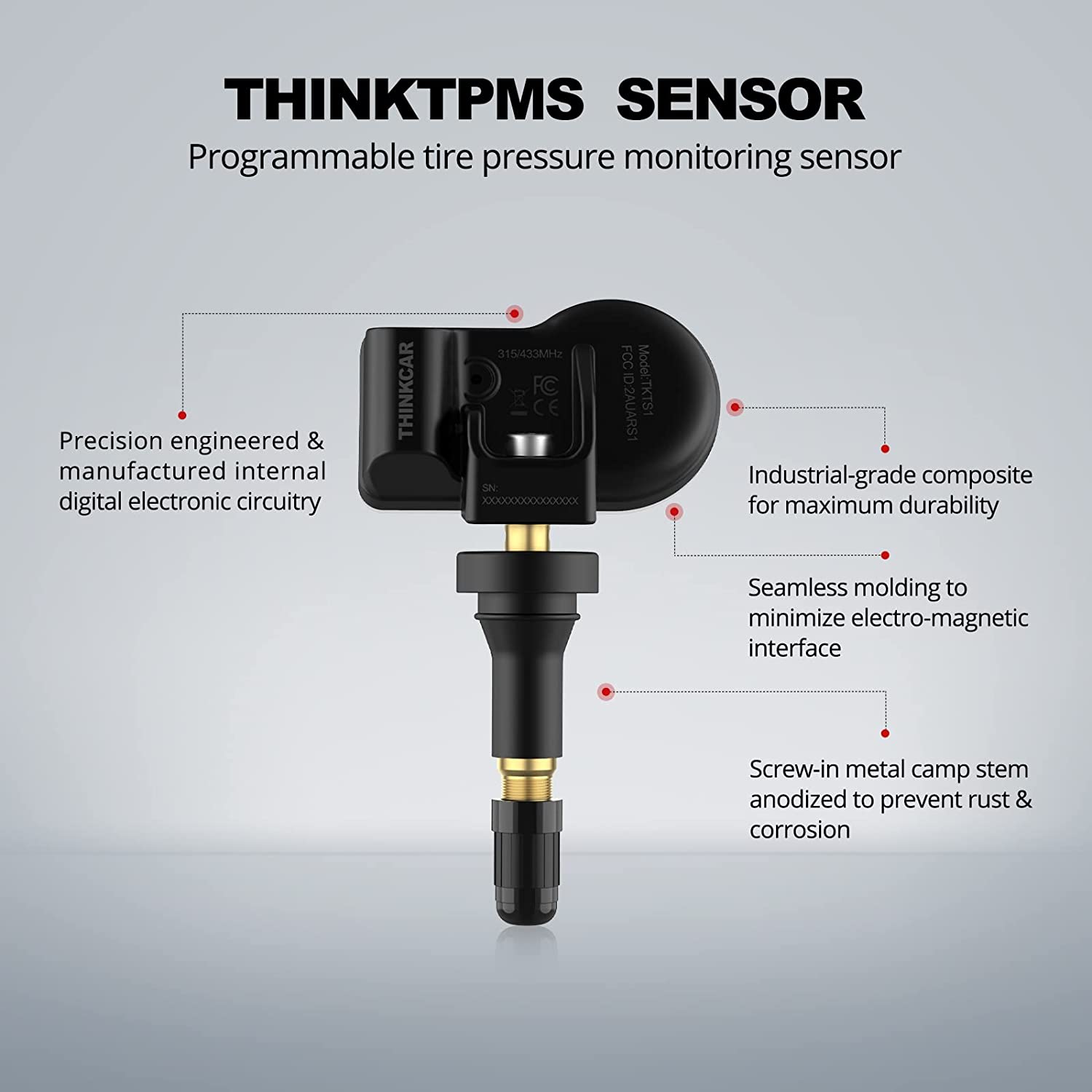 ThinkTPMS S1 Rubber Stem TPMS Sensor 315/433 MHz - Universal Tire Pressure Monitoring System for Cars, Trucks & SUVs - Easy DIY Installation for Safe Driving & Better Fuel Efficiency