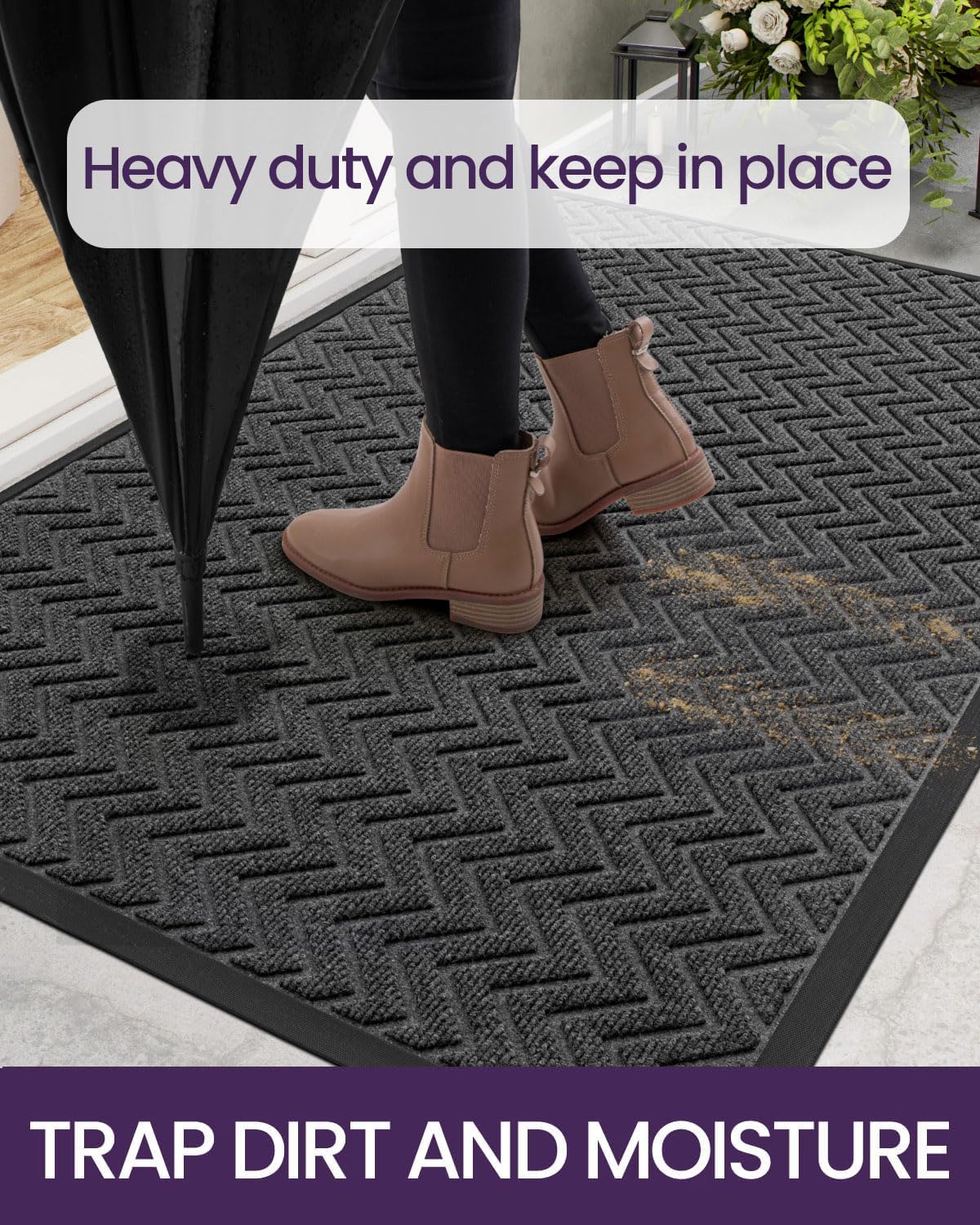 DEXI Heavy Duty Rubber Backed Doormat - 3x2 Feet Stain & Fade Resistant Low-Profile Entrance Mat - Chevron Dark Grey for Front Door, Outside Entryway - Perfect for Home, Office & High Traffic Areas