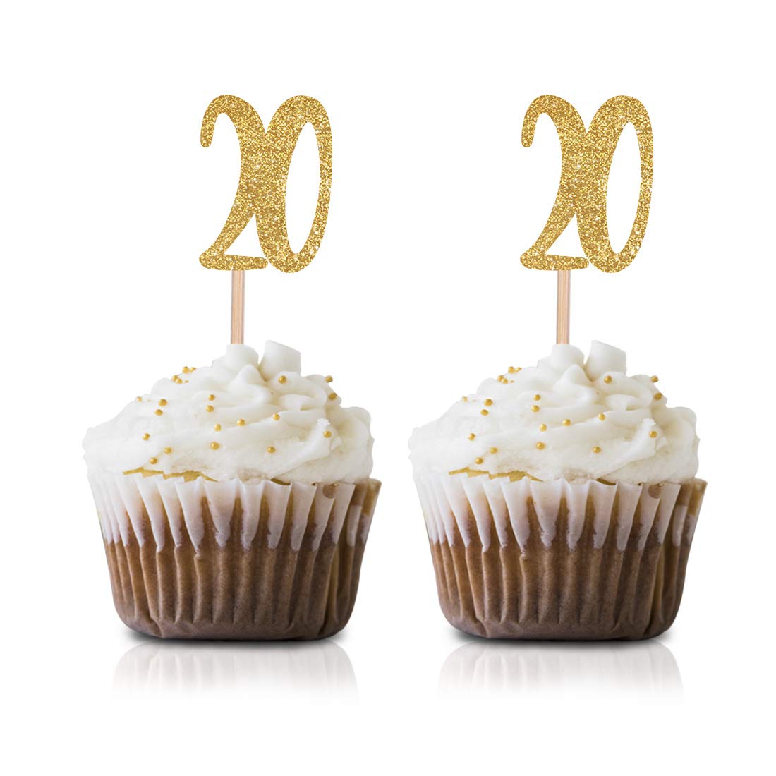 20th Birthday Cupcake Toppers - Gold Glitter Number 20 Cake Decorations (24-Pack) for Anniversary Parties, Milestone Celebrations & Special Occasions