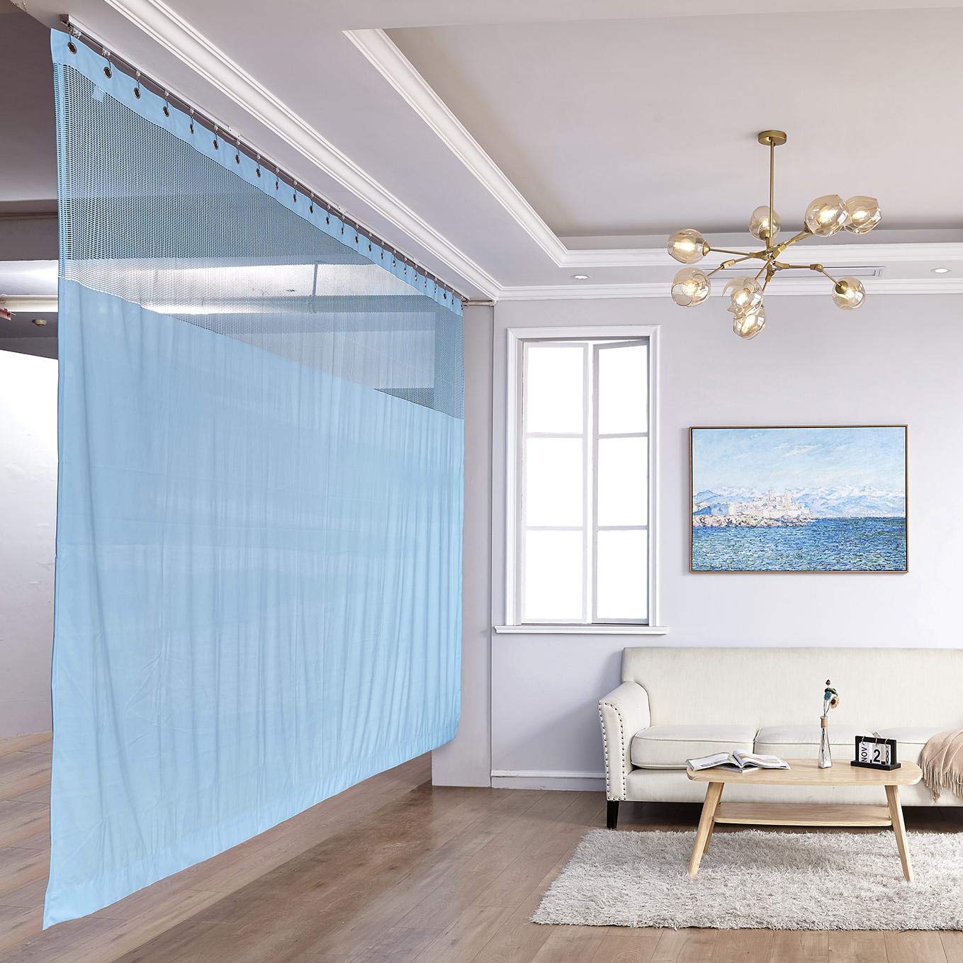 Flame Retardant Blue Room Divider Curtain for Spa & Privacy - 9ft x 8ft Mesh Top Cubicle Curtain with Nickel Grommets (1 Panel) - Perfect for Home Offices, Hospitals, and Salon Partitions