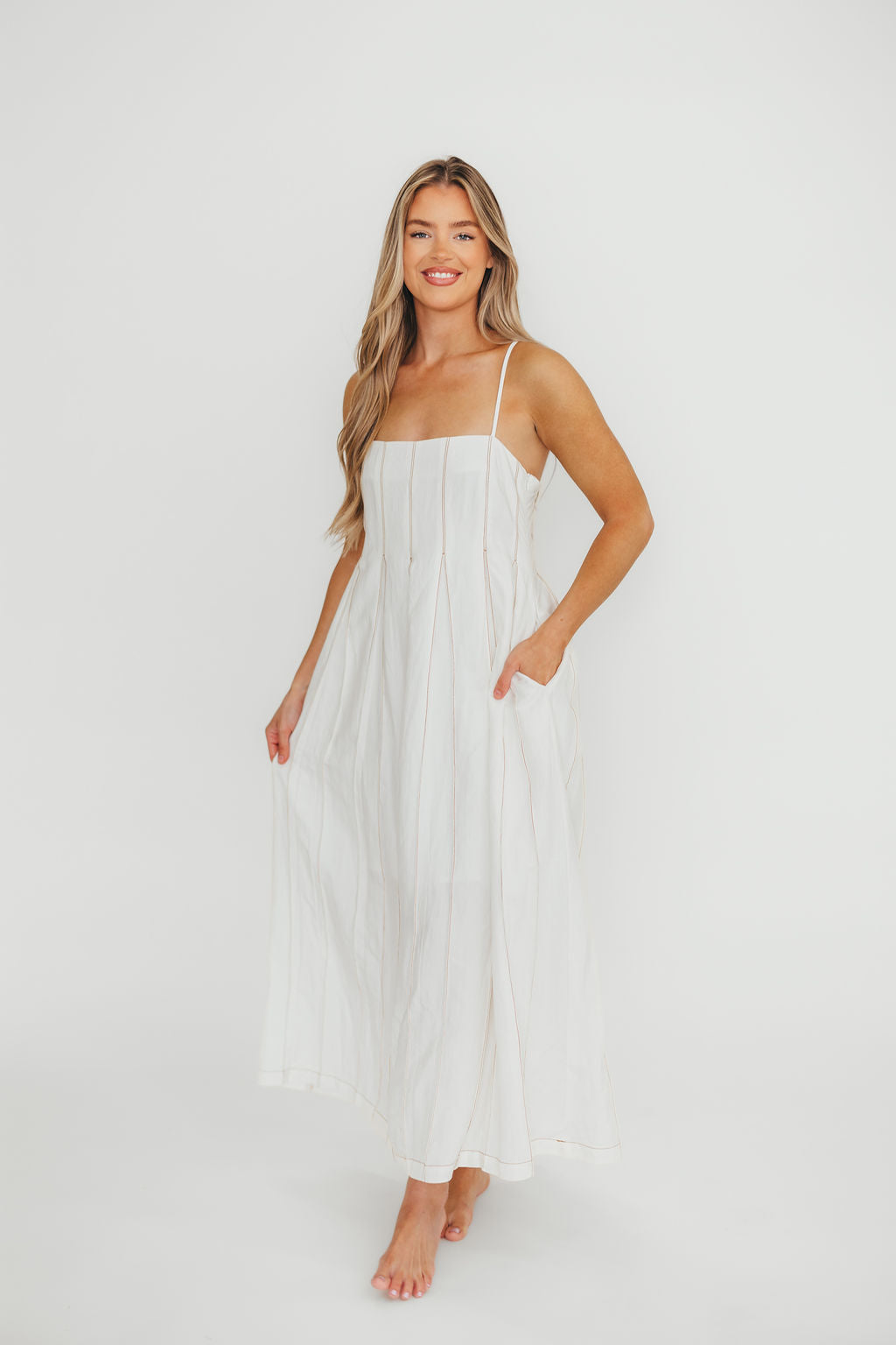 Mei Linen Stitch Maxi Dress in Cream | Women's Summer Boho Beach Dress | Perfect for Vacation, Wedding Guest & Casual Outings