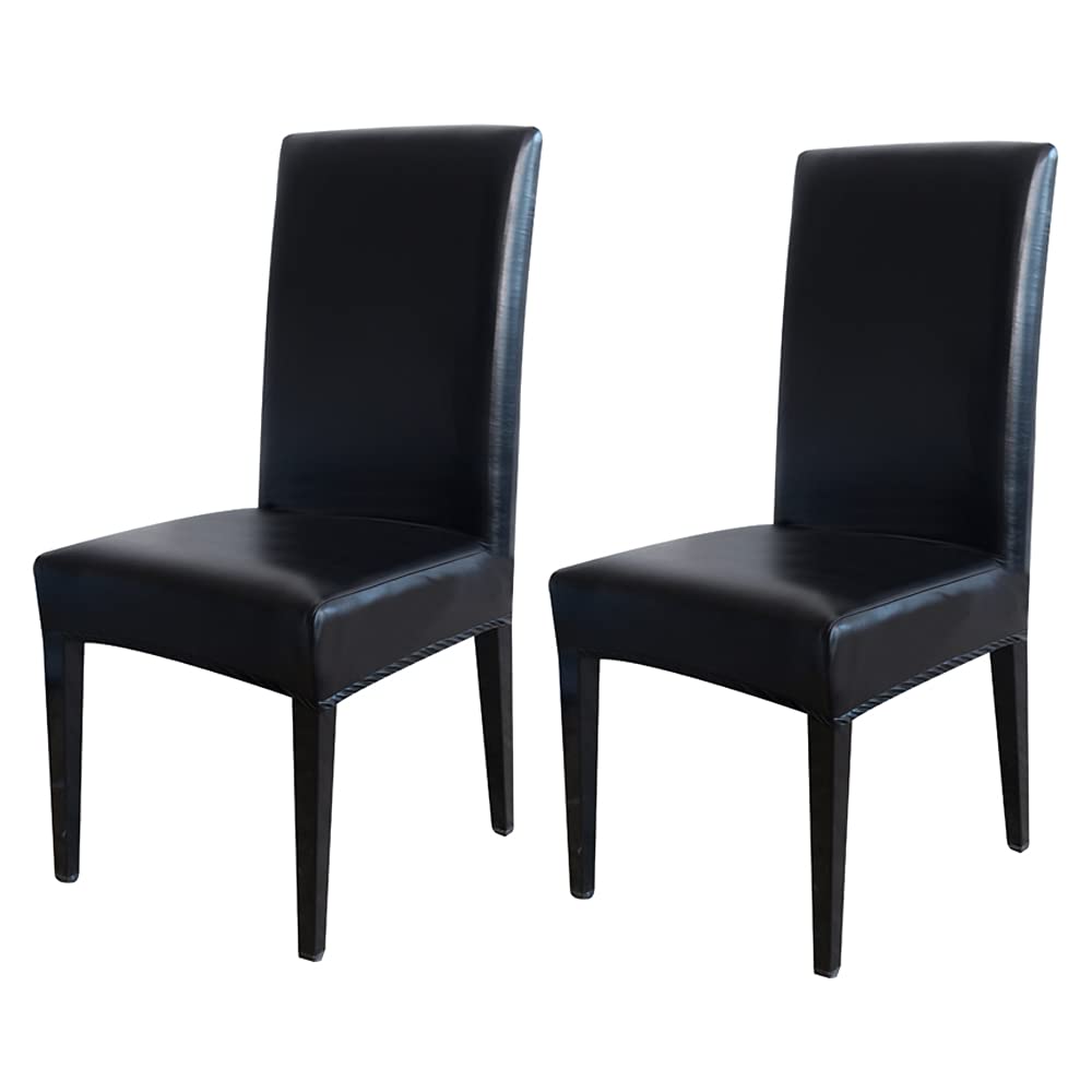LYGOOH 4-Pack Black PU Leather Dining Chair Covers - Waterproof, Oilproof, Stretchable Slipcovers for Kitchen, Living Room & Office Chairs - Easy to Clean & Decorative Seat Protectors