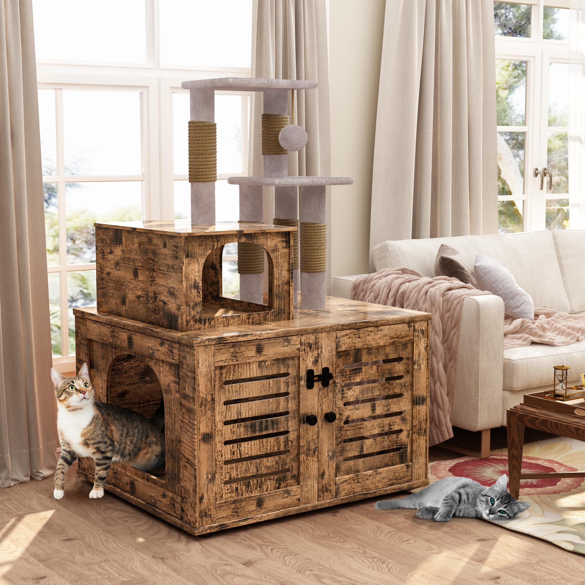 DKLGG Large Wooden Cat Tree with Hidden Litter Box Enclosure - Multi-Level Cat Condo with Sisal Scratching Posts, Plush Perch & Washroom Divider - Perfect for Indoor Cats Play, Rest & Privacy Needs