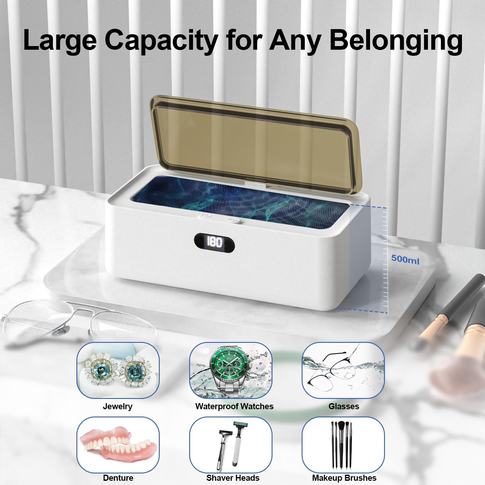 17oz (500ml) 45KHz Ultrasonic Jewelry Cleaner Machine - Professional Portable Cleaner with LED Display & Timer for Jewelry, Eyeglasses, Watches, Dentures, Rings, Razors - Perfect for Home, Jewelry Stores & Travel Use