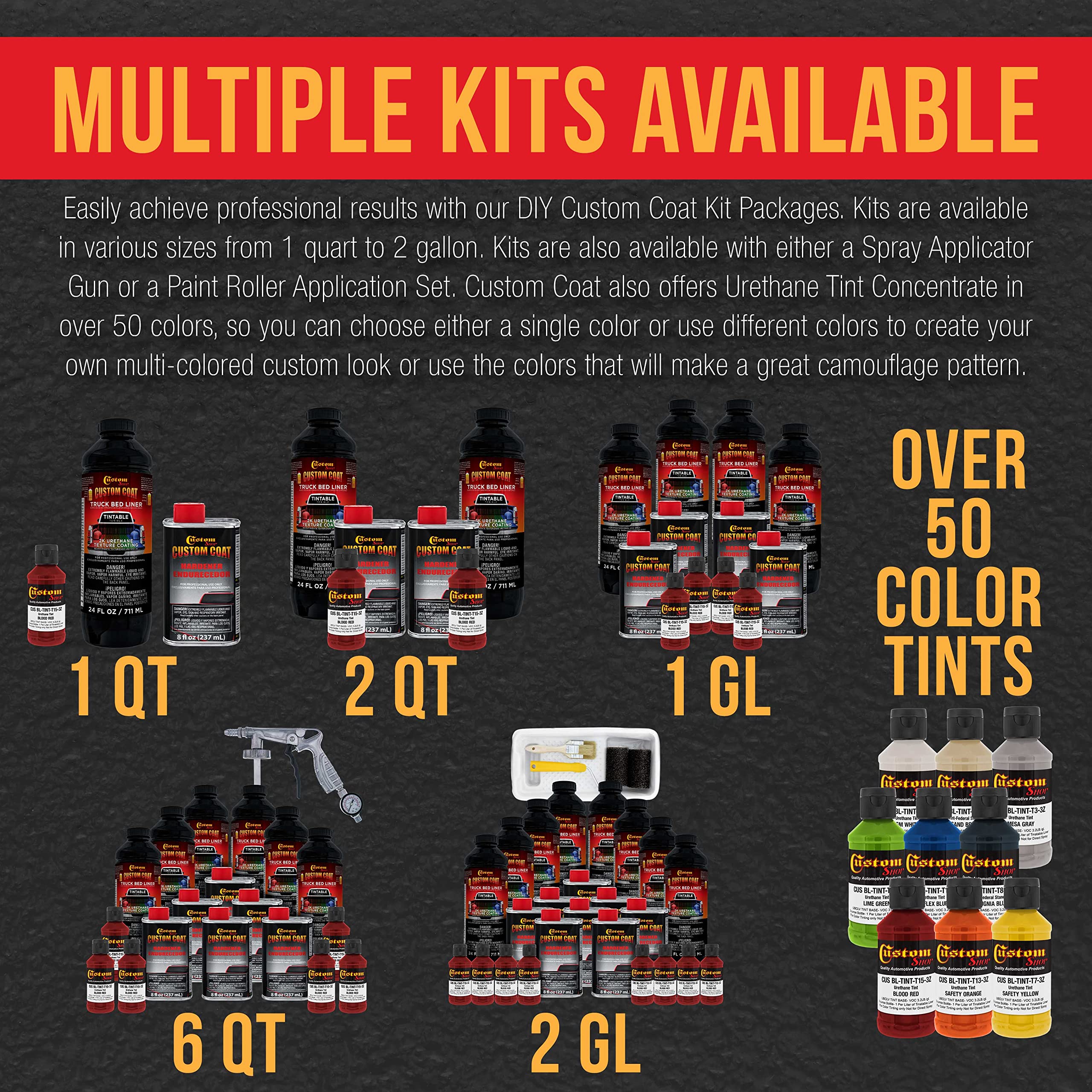 Custom Coat Blood Red 2 Gallon Urethane Truck Bed Liner Kit - Roll-On, Brush-On or Spray-On Protective Coating with Roller & Brush Applicator - Easy Mixing, Durable Textured Finish for Cars, Trucks & Auto Protection - Ideal for DIY Vehicle Bedliners, Floor Coatings & Industrial Surface Protection