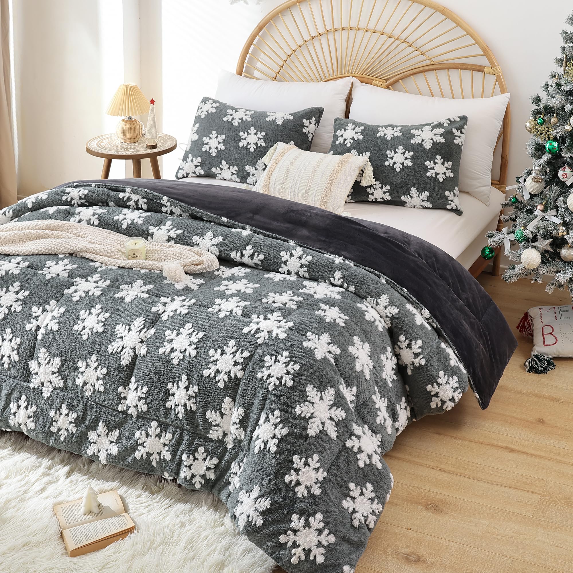 JANZAA Grey Velvet Christmas Comforter Set Queen - 3 Piece Soft Fluffy Bedding with White Snowflake Design for Holiday Decor & Cozy Winter Nights