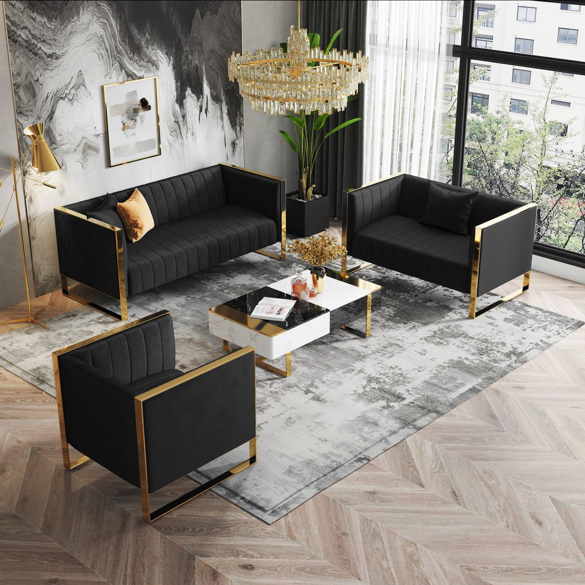 Trillium Velvet 3-Piece Living Room Furniture Set - Sofa & Chairs with High-Density Foam, Vertical Channeling & Gold Stainless Steel Frame (Black) | No Assembly Required | Perfect for Modern Apartments, Luxury Condos & Cozy Home Theaters