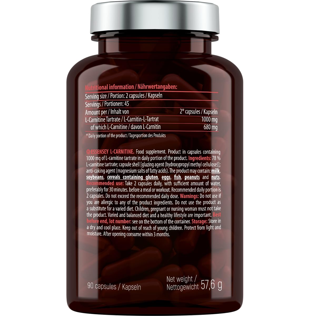 Essensey L-Carnitine 1000mg - 90 Capsules | Premium Energy & Metabolism Booster for Weight Loss & Workout Performance | Vegan & Non-GMO Supplement