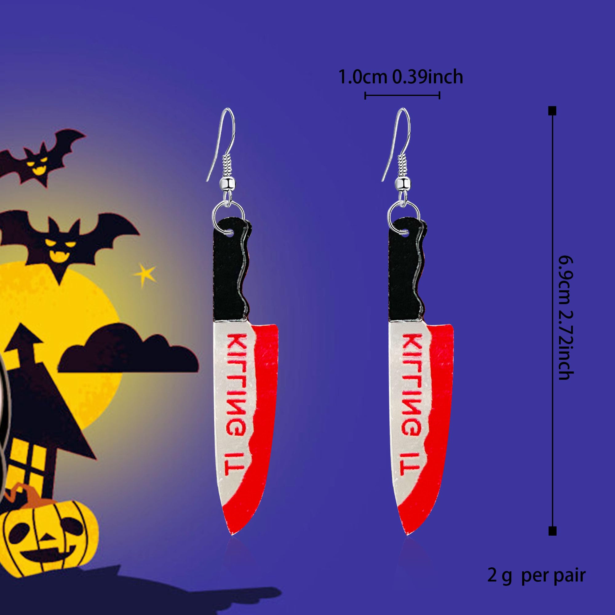 Scary Bloody Knife Dangle Earrings - Acrylic Horror Halloween Drop Earrings for Women | Perfect for Halloween Costumes, Cosplay & Horror Theme Parties
