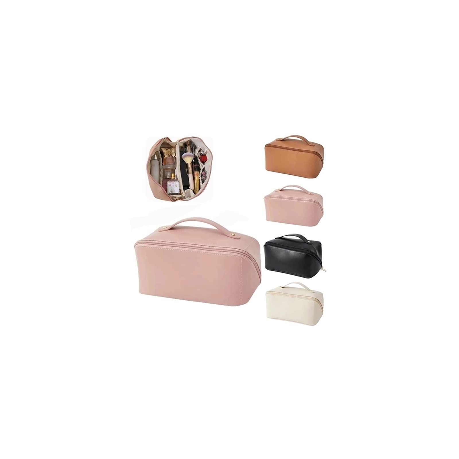 XIRUJNFD Large Capacity Leather Makeup Bag - Waterproof Travel Cosmetic Organizer with Handle & Divider - Pink Toiletry Bag for Women | Perfect for Vacation, Business Trips & Daily Beauty Storage