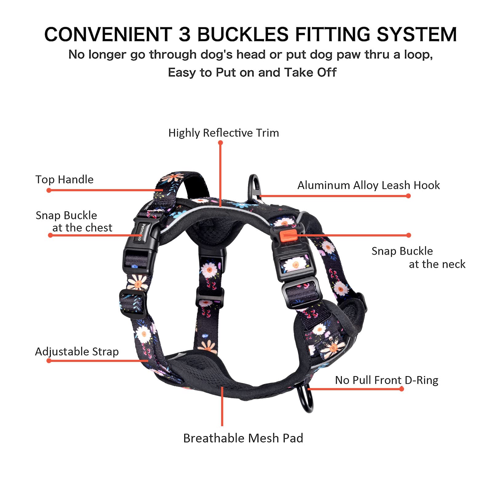 Petmolico No Pull Dog Harness Set with Leash - Reflective Adjustable Vest for Small Dogs & Puppies, Easy Control Handle & Poop Bag Holder - Floral Design for Safe Walks & Outdoor Adventures