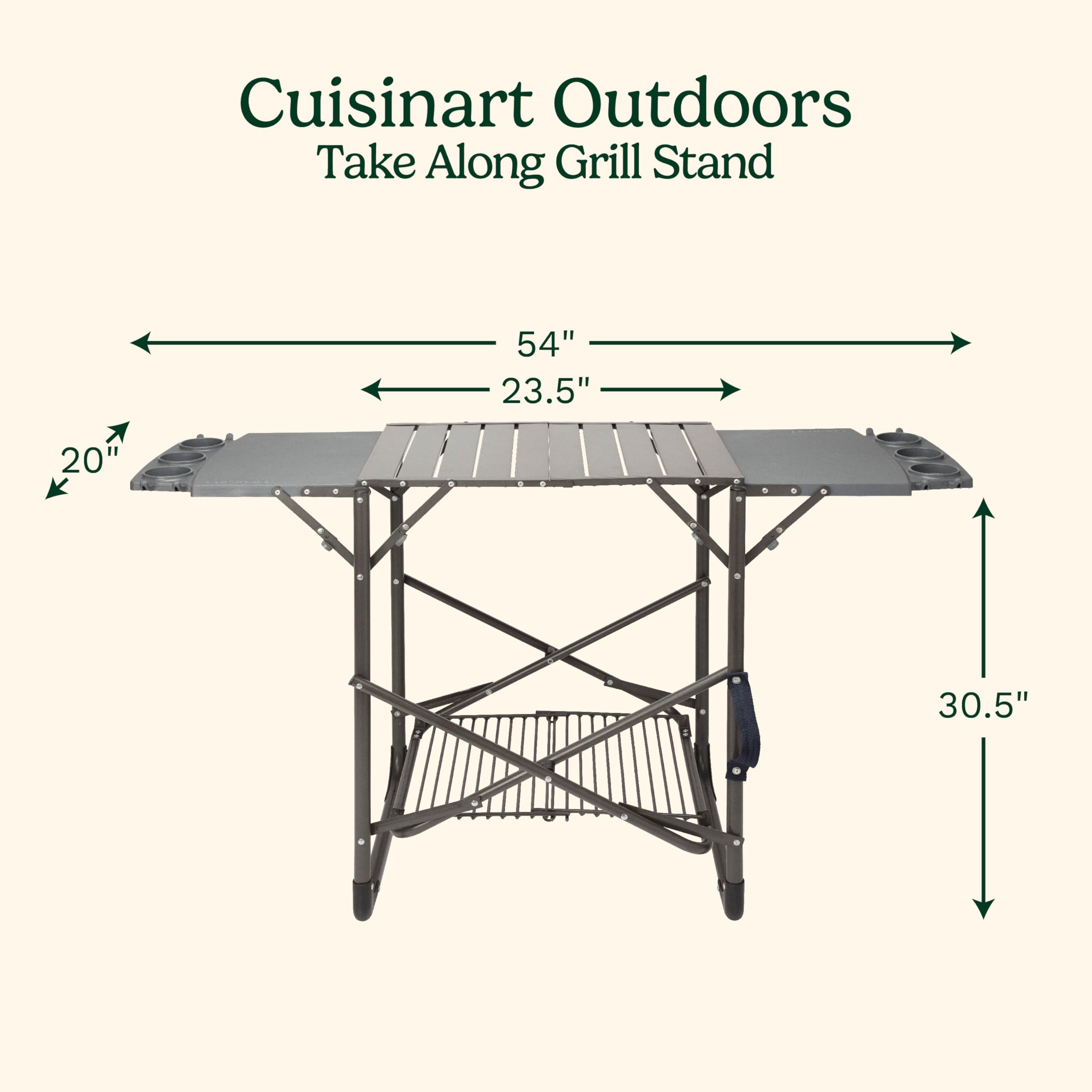 Cuisinart Portable Folding Grill Stand with Side Tables, Cup Holders & Storage Shelf - Lightweight Collapsible BBQ Table for Outdoor Cooking, Camping & Picnics - Perfect for Backyards, Tailgating & Beach Parties
