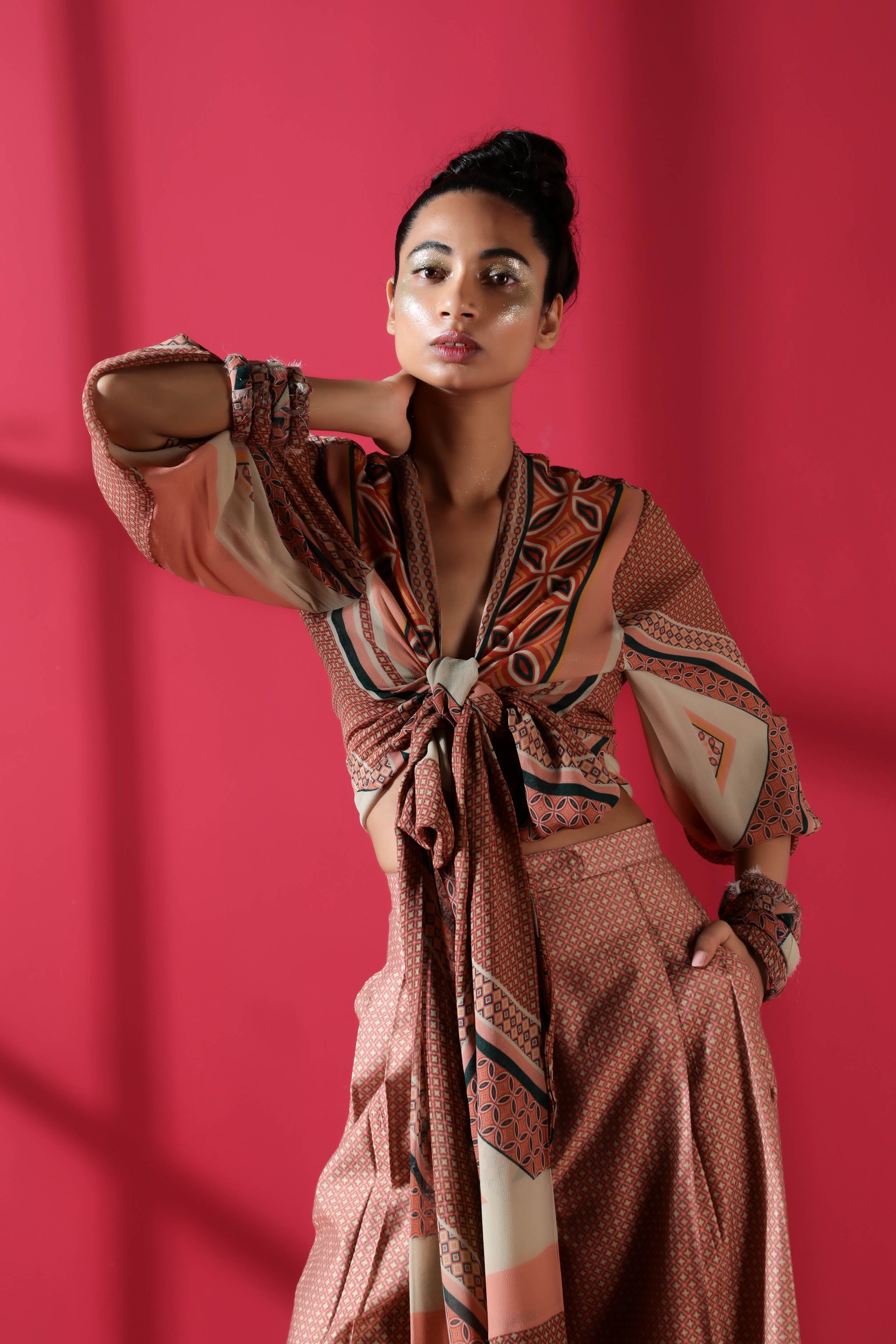 Terracotta Tile Print Knot Blouson Top with Quatrefoil Print Pants Set - Boho Chic Outfit for Women, Summer Casual Wear, Beach Vacation & Festival Fashion