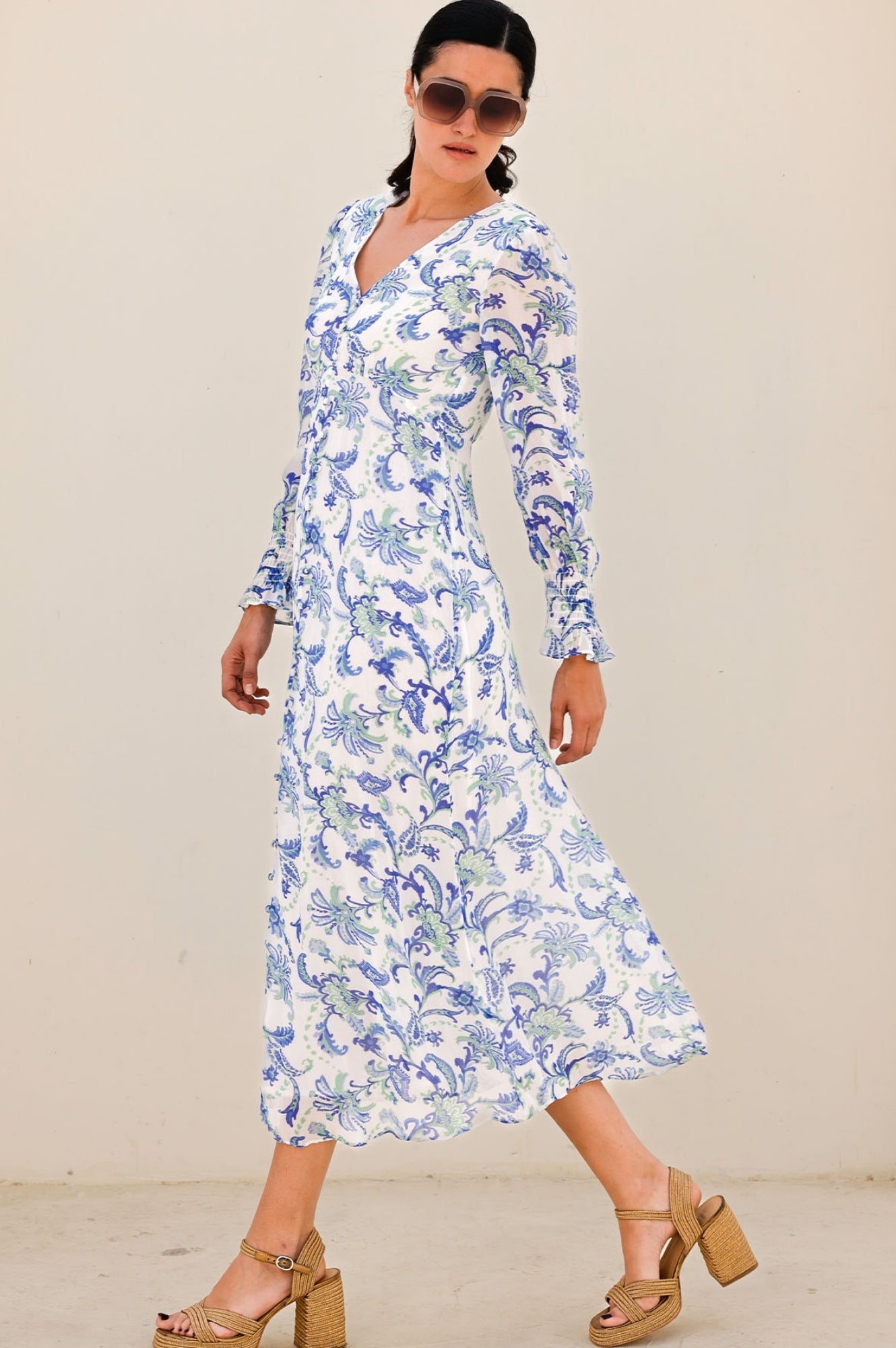Long Sleeve Sally Anne Dress - Paisley Floral Print in Green & Blue | Elegant Women's Fashion for Parties, Weddings & Special Occasions
