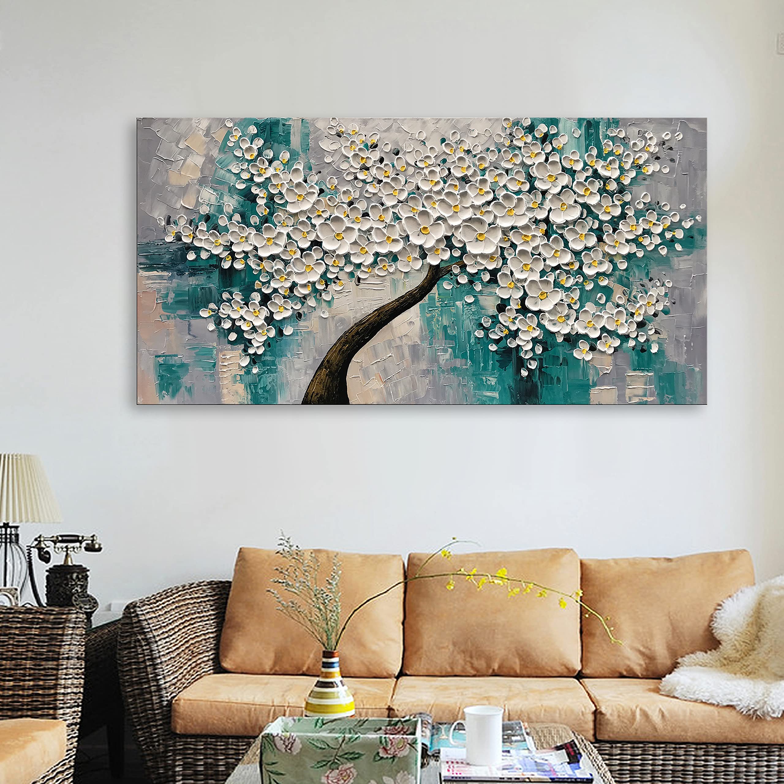 3D Abstract White Flower Tree Oil Painting - Textured Palette Knife Art - Modern Canvas Wall Decor for Living Room, Bedroom & Office (24x48 Inches) - Perfect for Home Decoration & Gift Giving