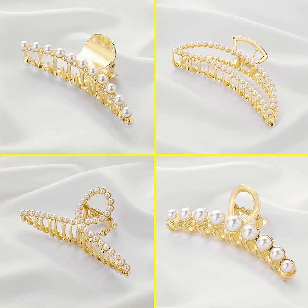 Dorakitten 4PCS Metal Hair Claw Clips with Fake Pearls - Elegant Modern Large Hair Barrettes for Women | Perfect for Parties, Weddings & Everyday Styling