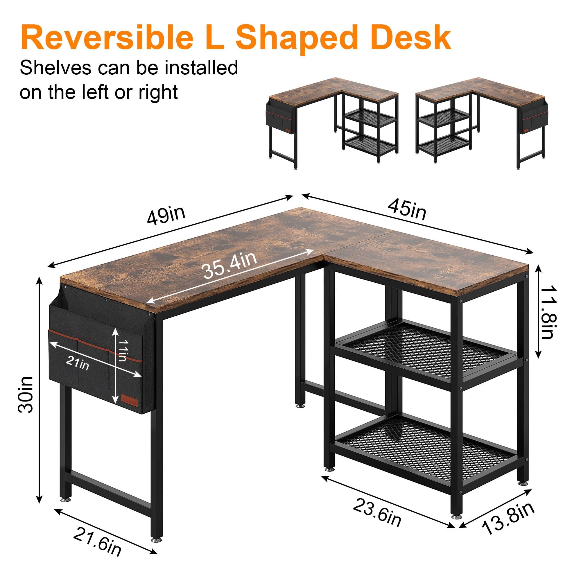 VECELO 49 Inch L-Shaped Computer Desk for Gaming, Study & Home Office - Ergonomic Writing Workstation with Storage Shelves & Bag - Perfect for Small Spaces & Multi-Monitor Setups