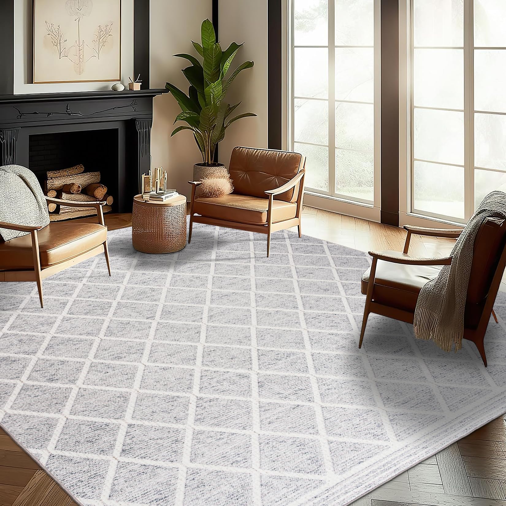 Machine Washable Area Rug 5' x 7' - Stain Resistant Low Pile Premium Rug for Living Room, Bedroom, Office - Boho Modern Farmhouse Design in Gray Ivory - Perfect for High Traffic Areas & Pet-Friendly Homes