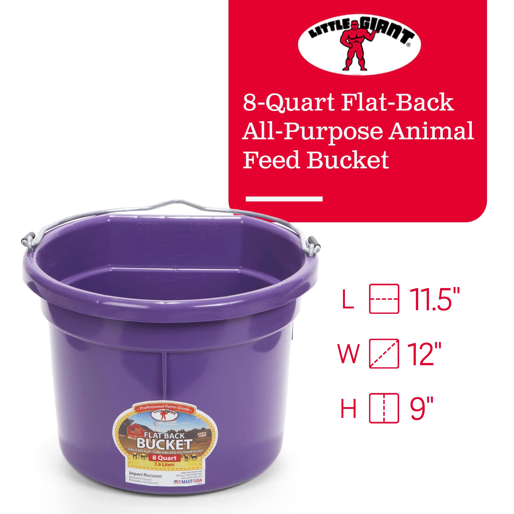 Little Giant P8FBPURPLE 2 Gallon Heavy Duty Plastic Buckets - All Purpose Farm & Household Use for Supplies, Toys, Laundry, Water Storage (4 Pack, Purple) - Ideal for Gardening, Cleaning, Organizing & Outdoor Activities