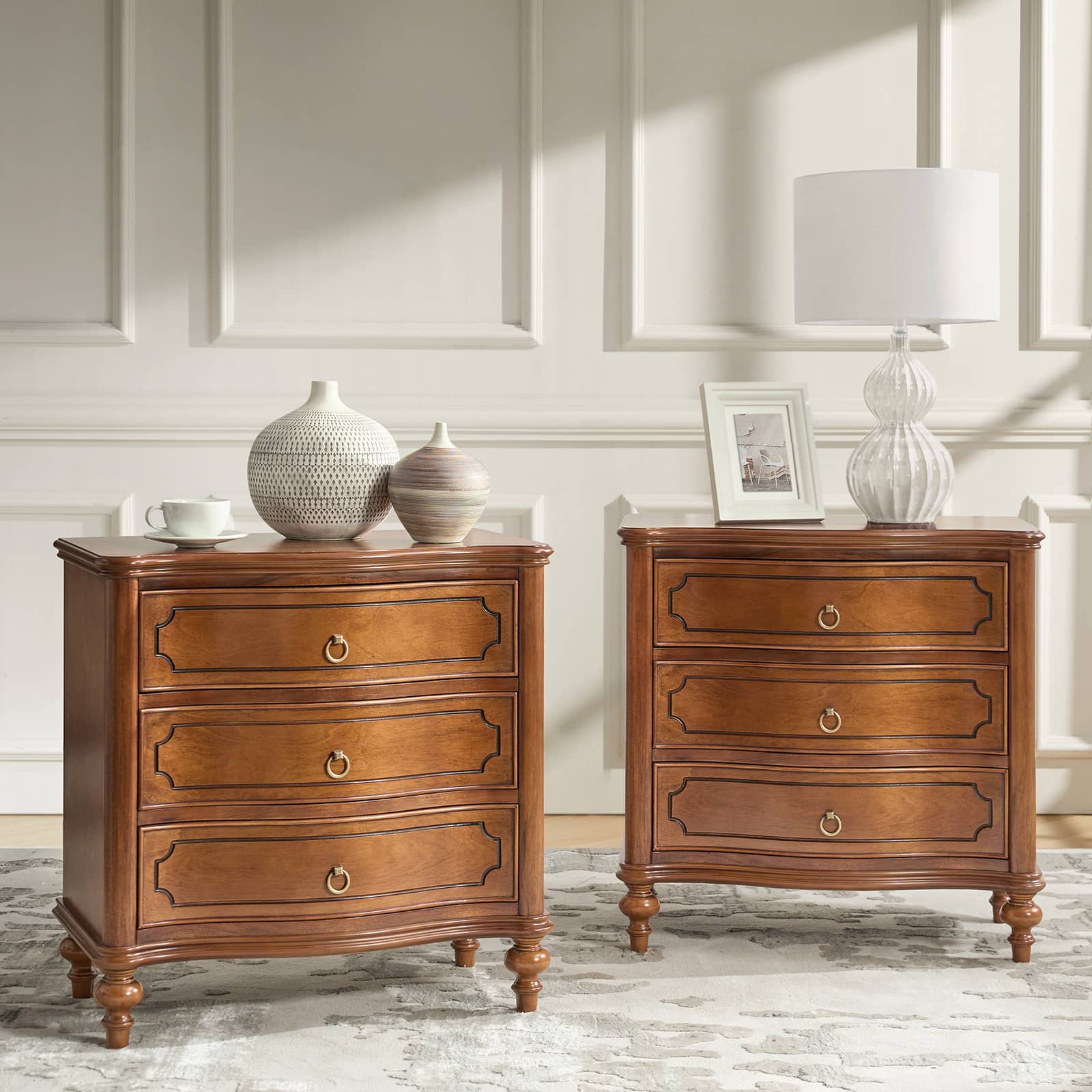 Bernhard 3 Drawer Traditional Nightstand with USB Outlets - Solid Wood Bedside Table for Bedroom, Living Room & Office - Charging Station & Storage Cabinet