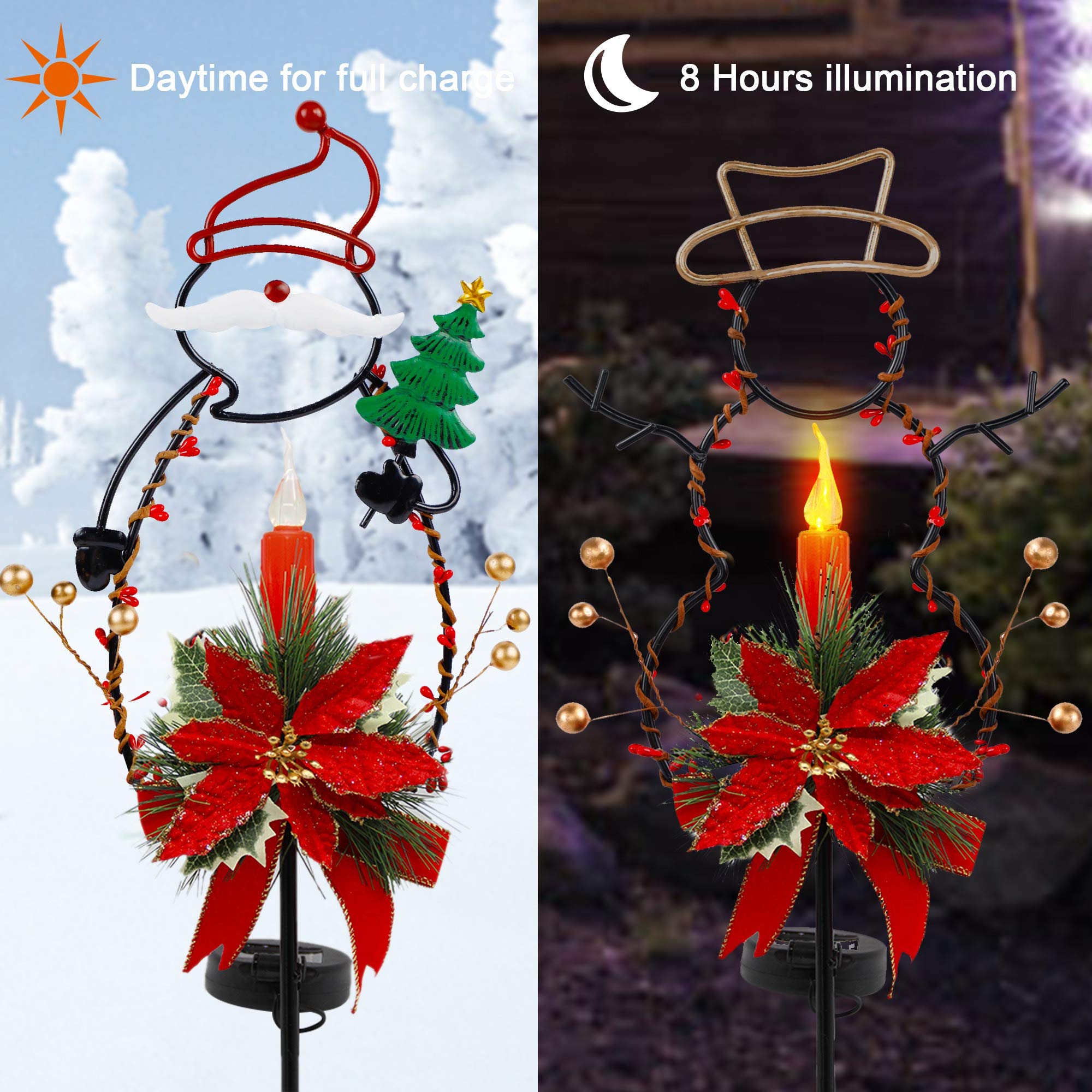 FORUP Solar Christmas Yard Decorations - Outdoor LED Solar Powered Candle Lights for Xmas Pathway, Metal Solar Garden Stake Lights with Snowman & Santa Designs - Set of 2 - Perfect for Holiday Lawn Decor, Garden Accents & Festive Outdoor Lighting