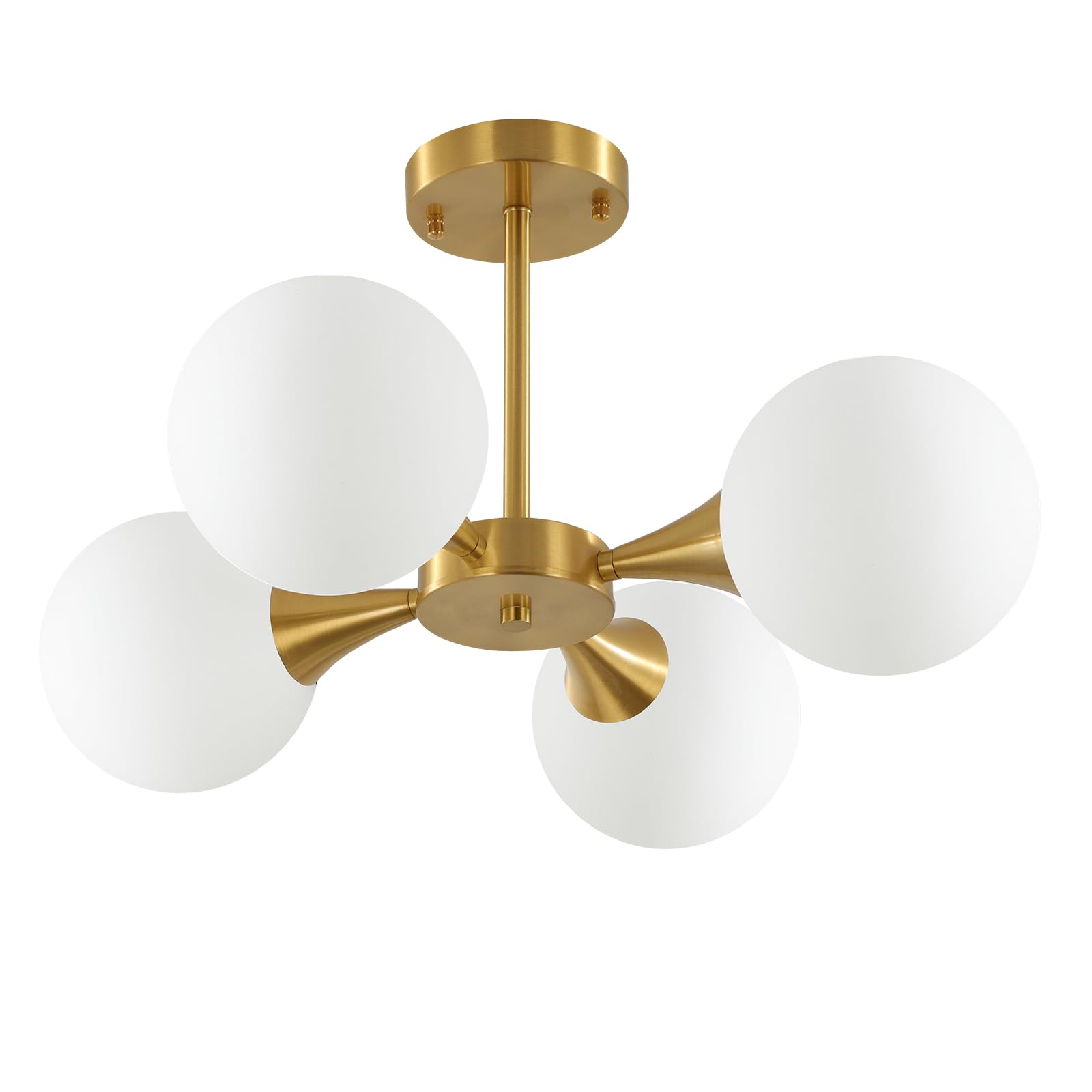 Modern Gold Semi Flush Mount Sputnik Chandelier - 4-Light Mid Century Ceiling Lamp with Frosted Glass Globes - Perfect for Living Room, Dining Room & Bedroom Lighting