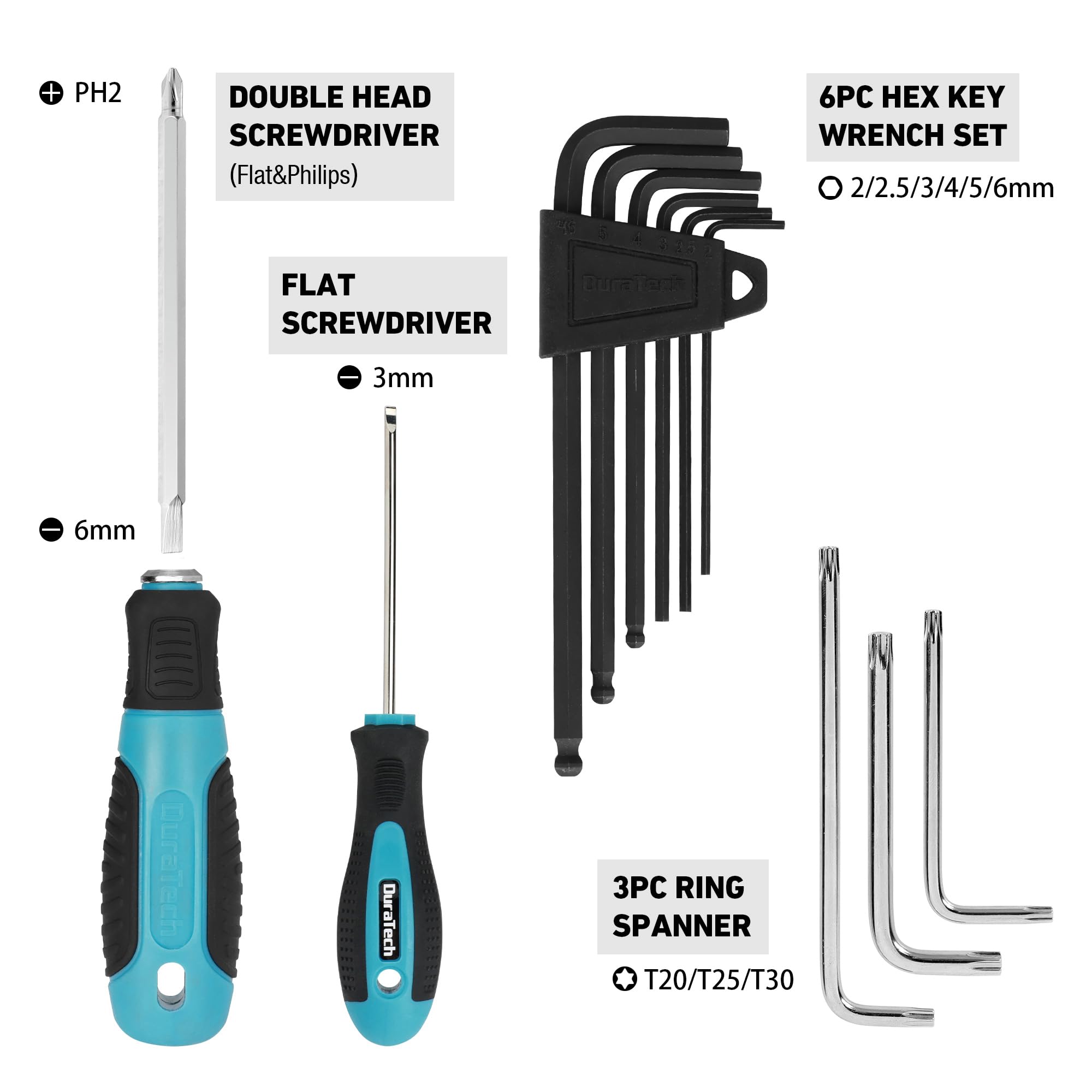 DURATECH Bike Repair Kit - 42-Piece Bicycle Tool Kit with Portable Carry Case for Tire, Brake, Chain & Pedal Maintenance - Essential Mountain & Road Bike Accessories - Perfect Gift for Cyclists (Men & Women) - Ideal for Trail Rides, Commuting & Home Bike Repairs
